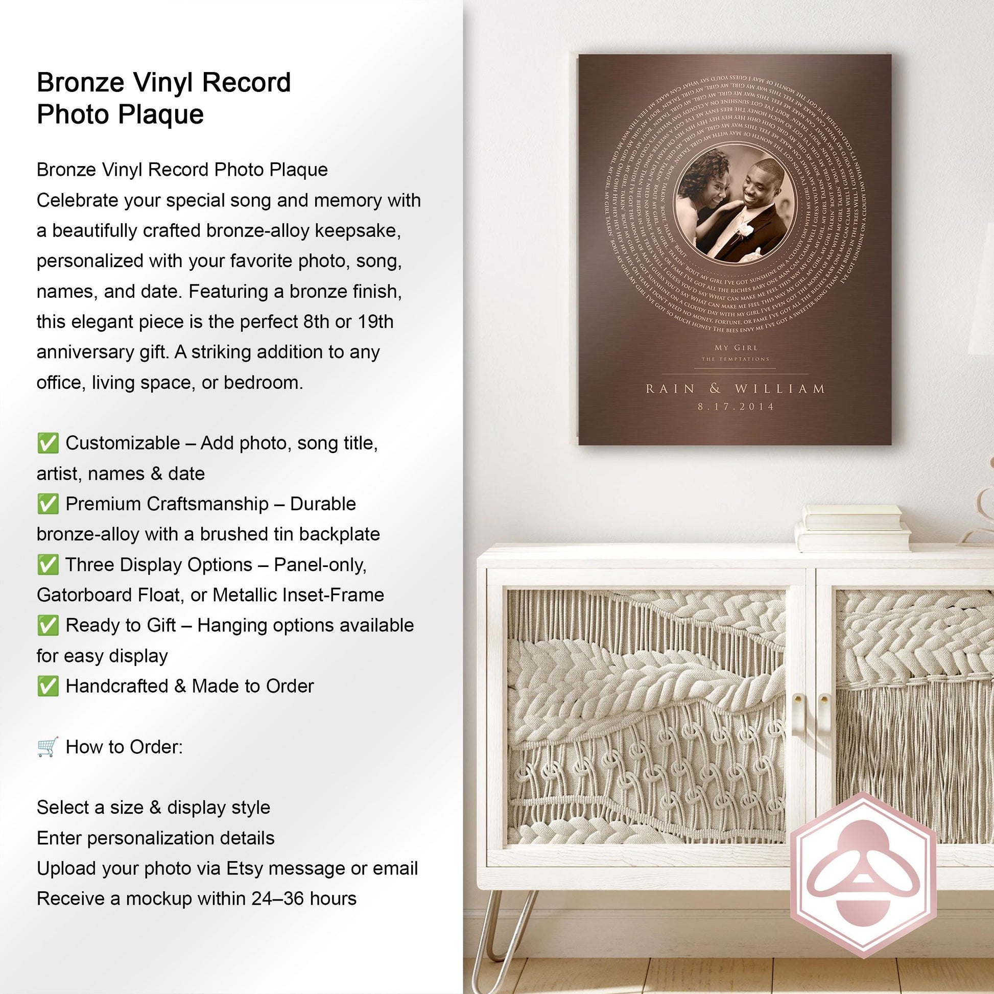 Bronze Photo and Song Vinyl Record Art - HoneycombProverbs - Signs - Bronze Anniversary Gifts