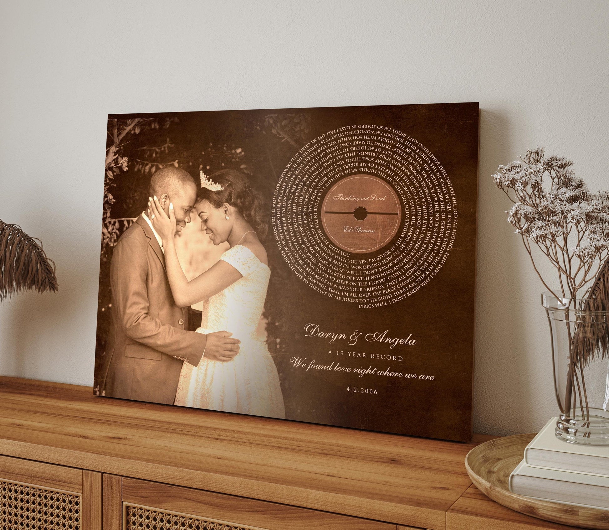 Custom Record Portrait on Bronze, Wedding Photo and Song Lyrics Wall Art, 8th Anniversary Gifts, Boyfriend Gift - HoneycombProverbs - Signs - Record Album Lyrics Art