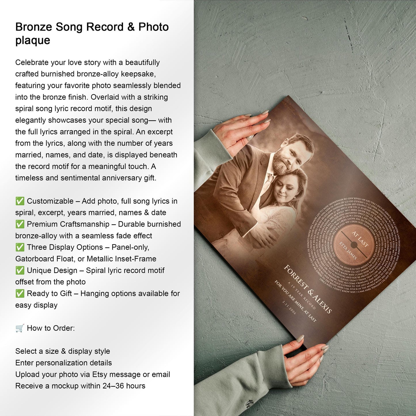 Custom Record Portrait on Bronze, Wedding Photo and Song Lyrics Wall Art, 8th Anniversary Gifts, Boyfriend Gift - HoneycombProverbs - Signs - Record Album Lyrics Art