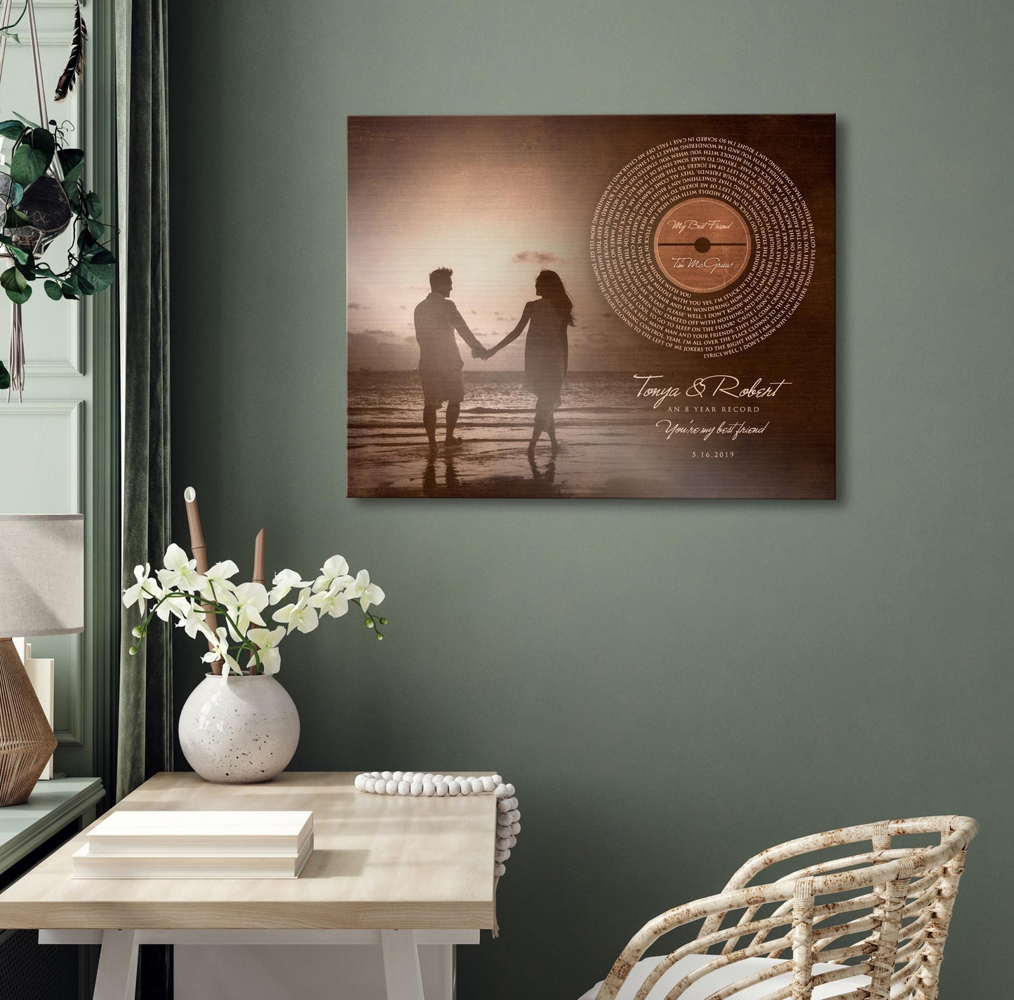 Custom Record Portrait on Bronze, Wedding Photo and Song Lyrics Wall Art, 8th Anniversary Gifts, Boyfriend Gift - HoneycombProverbs - Signs - Record Album Lyrics Art
