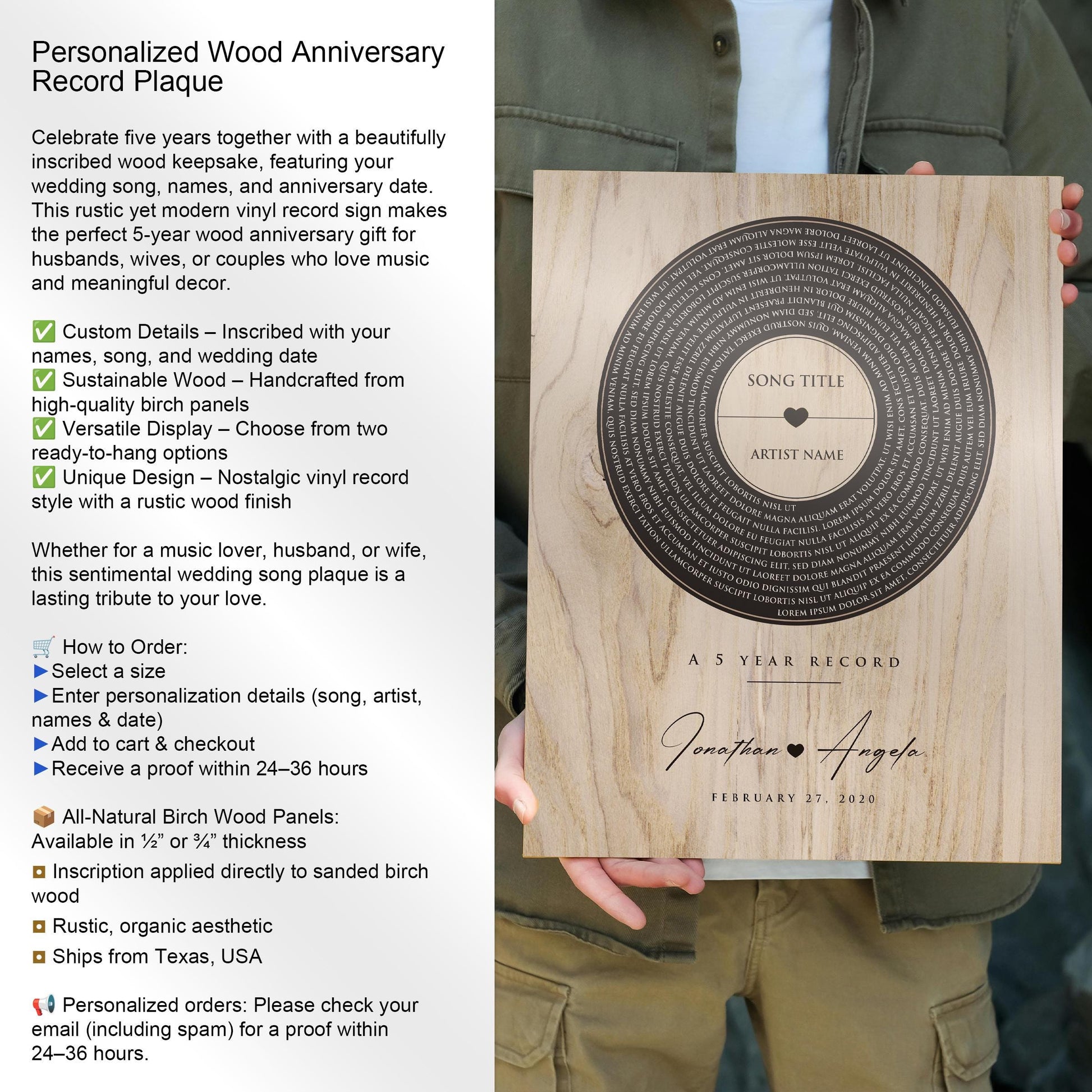 Personalized 5th Anniversary Wood Record: Song Lyrics, Names & Date - HoneycombProverbs - Signs - 5 year anniversary gifts