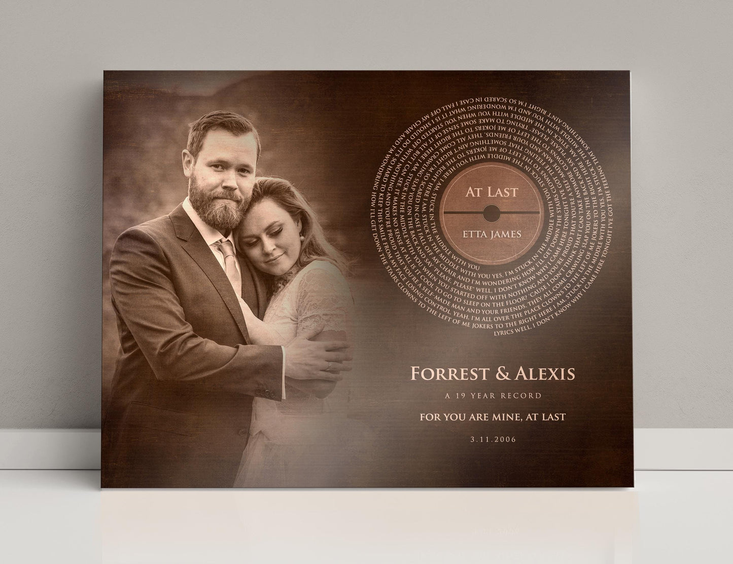 Custom Record Portrait on Bronze, Wedding Photo and Song Lyrics Wall Art, 8th Anniversary Gifts, Boyfriend Gift - HoneycombProverbs - Signs - Record Album Lyrics Art