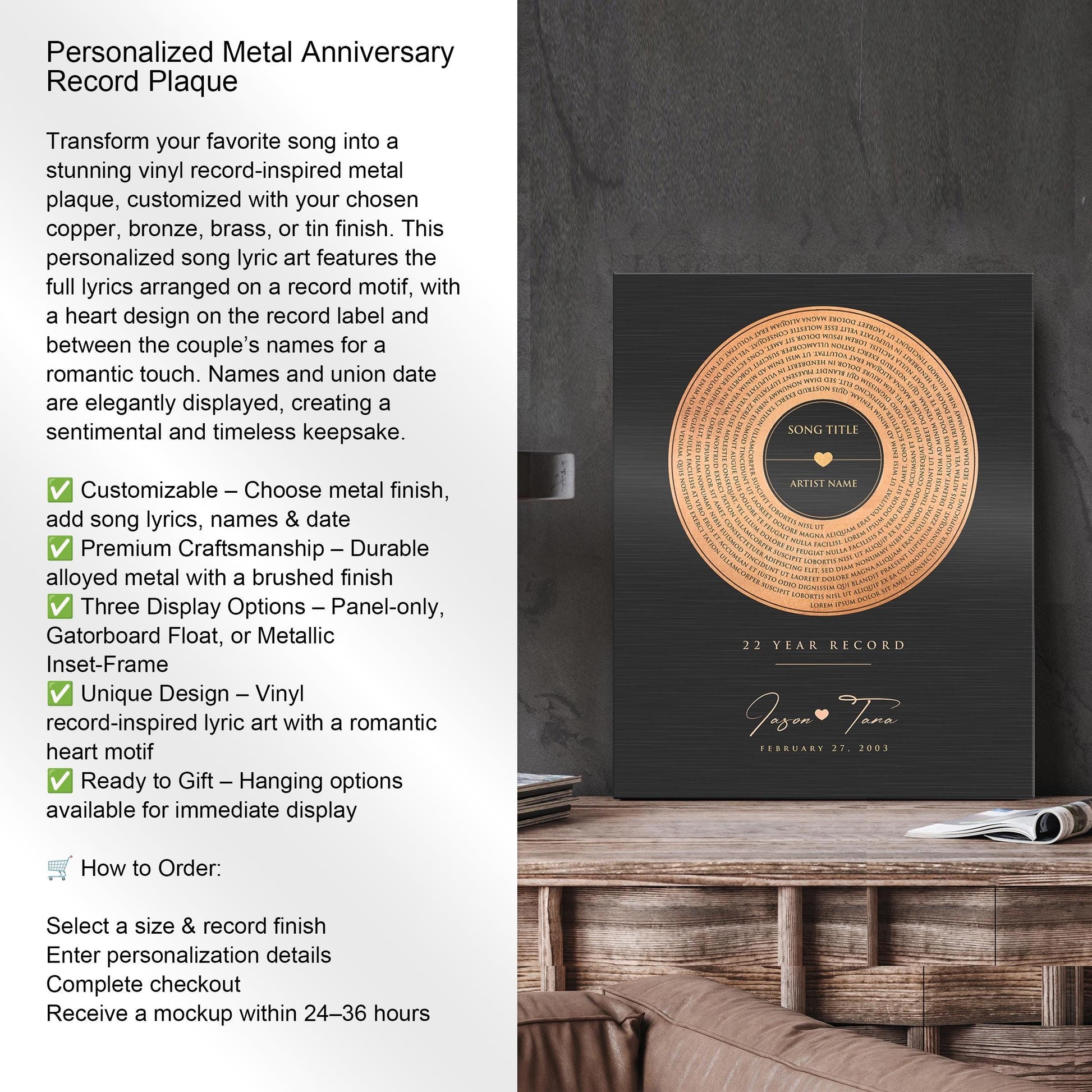 Personalized Bronze Anniversary Record: Custom Album Cover with Song Lyrics, 8th or 19th Year - HoneycombProverbs - Signs - Bronze Vinyl Record Art