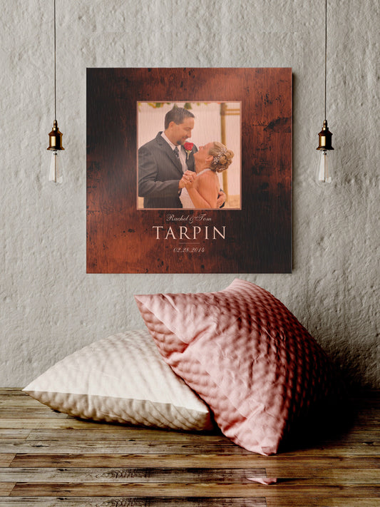 Personalized bronze photo plaque for couples or family. Featuring photo embedded on bronze with family name and date set beneath. An elegant, luxury photo plaque makes an excellent 8th anniversary gift idea.