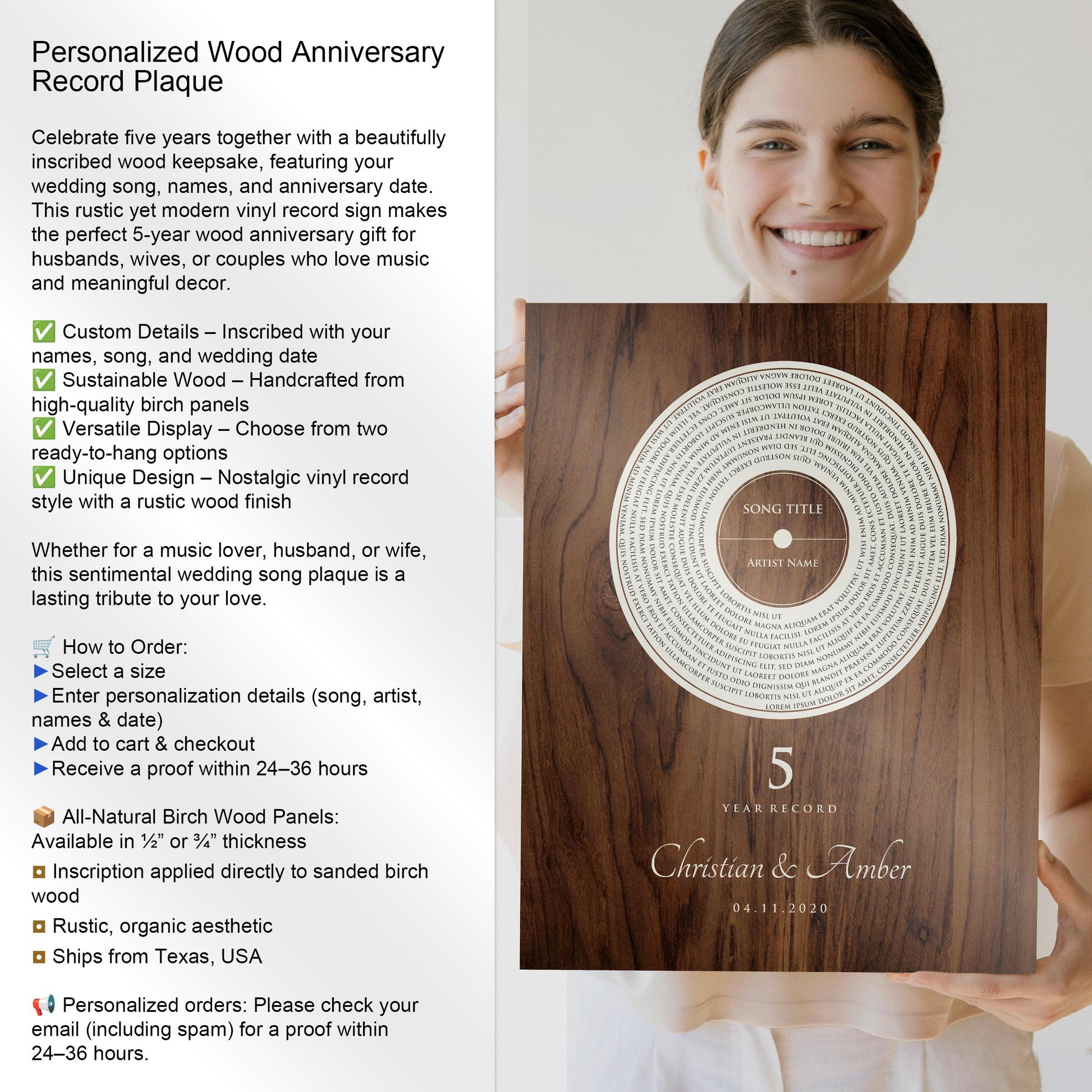 Personalized Record Gift, 5 Year Record, 5th Anniversary Wood Gift, Personalized 5 years Anniversary Gift - HoneycombProverbs - Signs - Record Album Lyrics Art