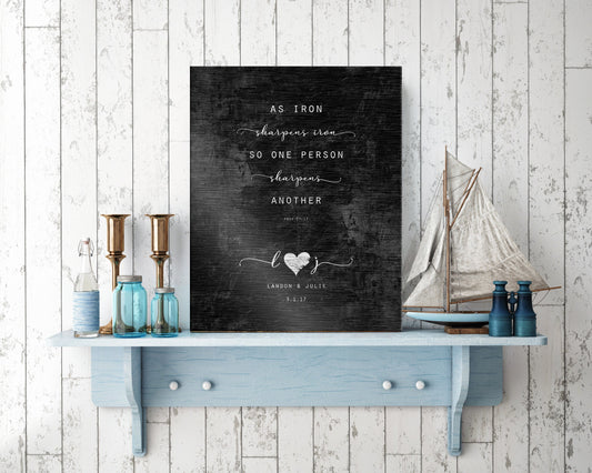 Proverbs 27:17 couples plaque for iron theme anniversary gift. Couples initials and names with a heart give it a personalized touch. Also includes a union date - all sitting artistically below the scripture, "As iron sharpens iron, so one person sharpens another"