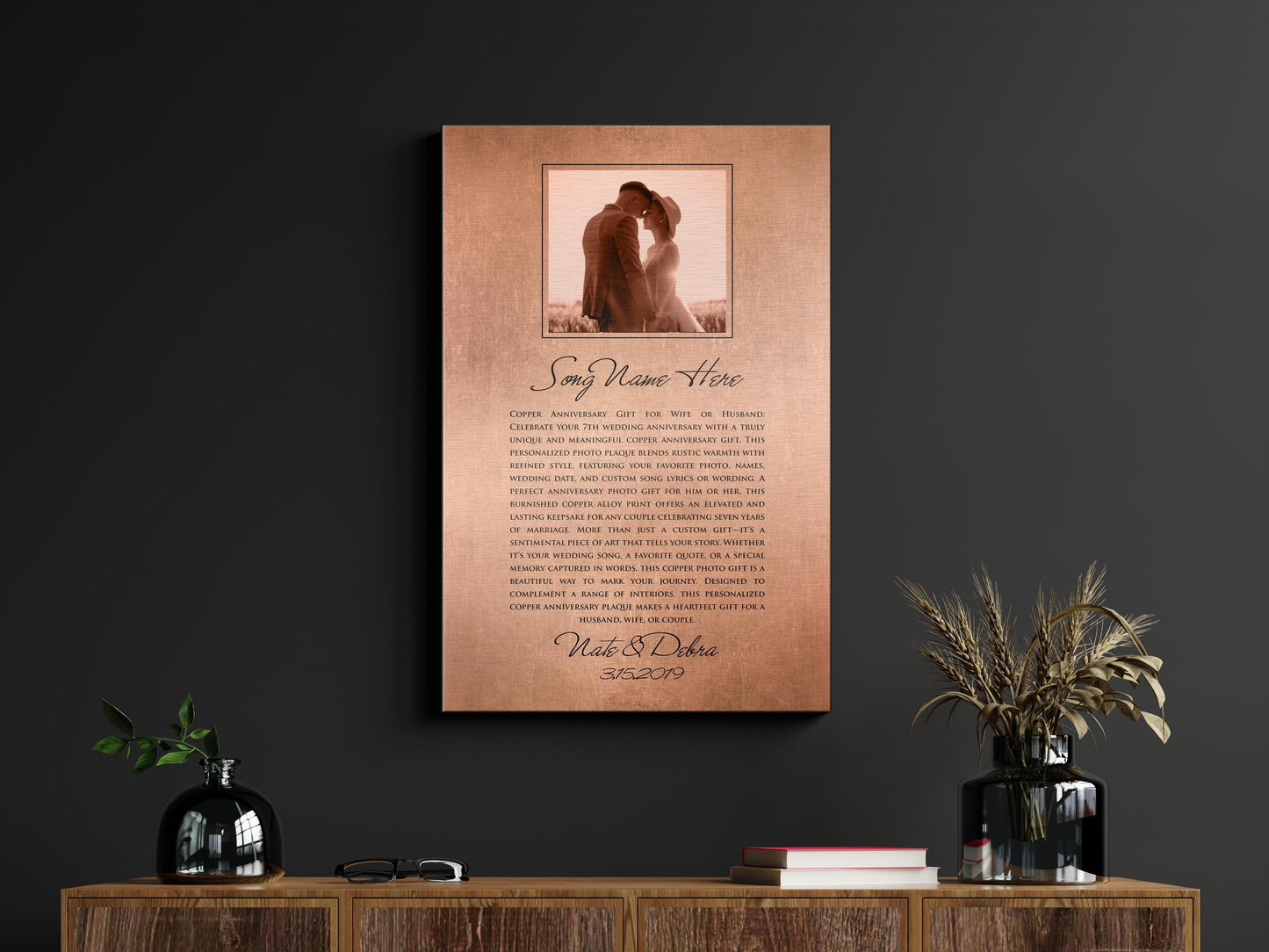 copper anniversary gift for wife, photo and song gift. Burnished bronze song plaque with photo and custom message or song lyrics, featuring couples name and union date.