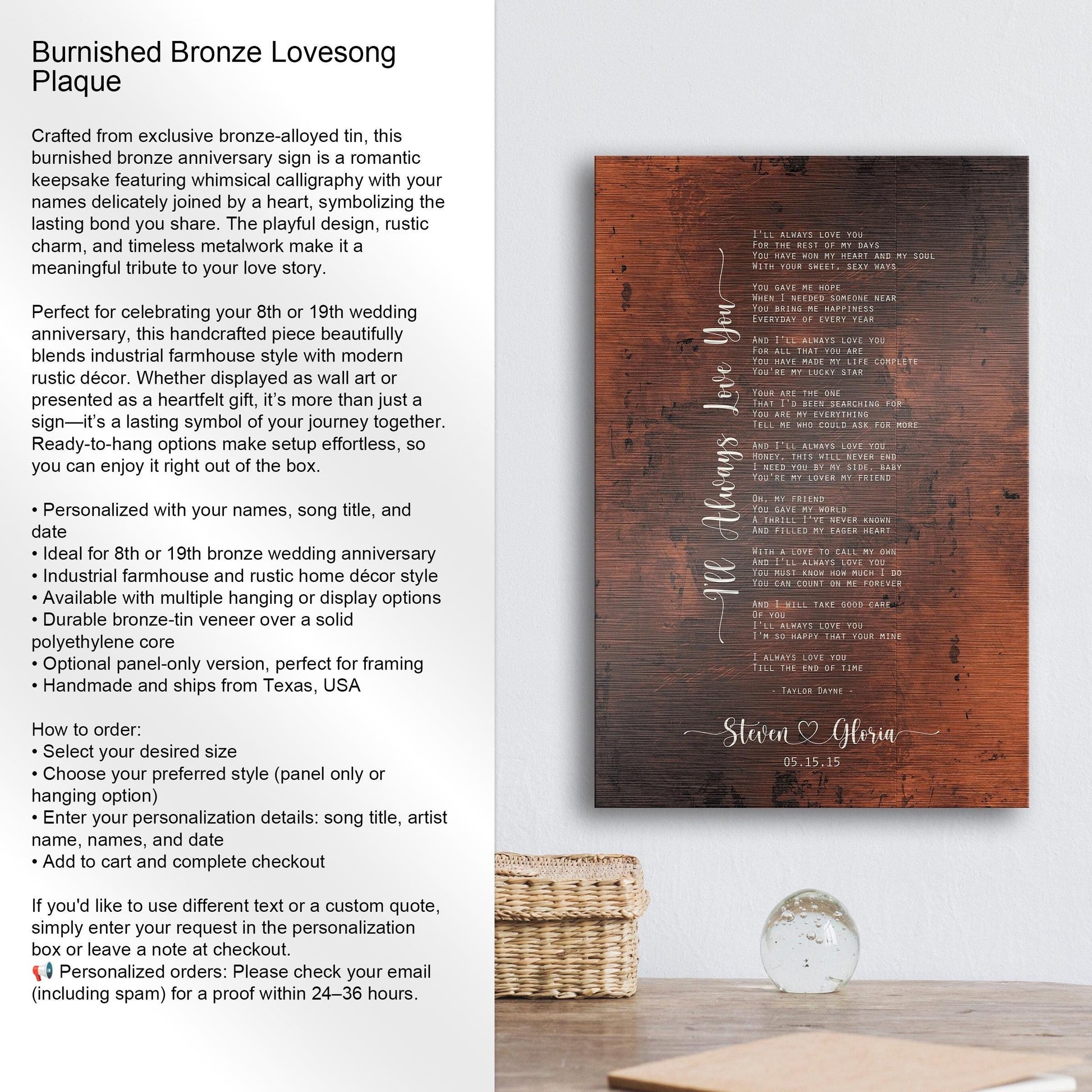 Connecting Hearts Song on Bronze - HoneycombProverbs - Signs - Bronze Anniversary Gifts