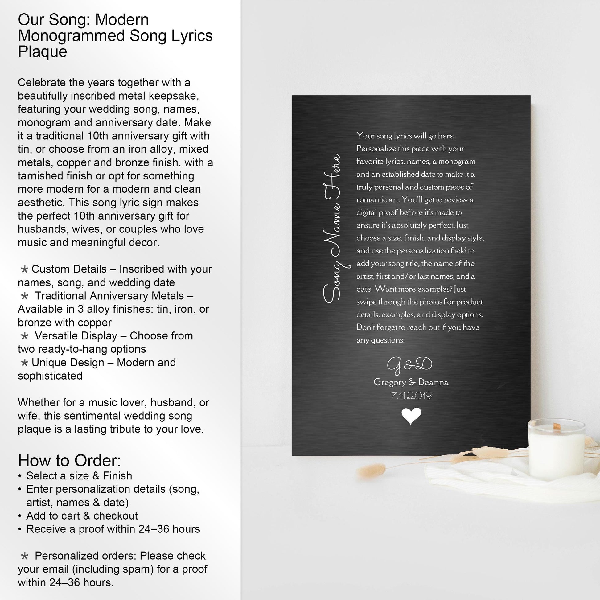 Custom Song Plaque, Tin 10th Anniversary Gift, Personalized lyrics wall decor, Aluminum Gifts - HoneycombProverbs - Signs - Modern Lyrics Wall Decor