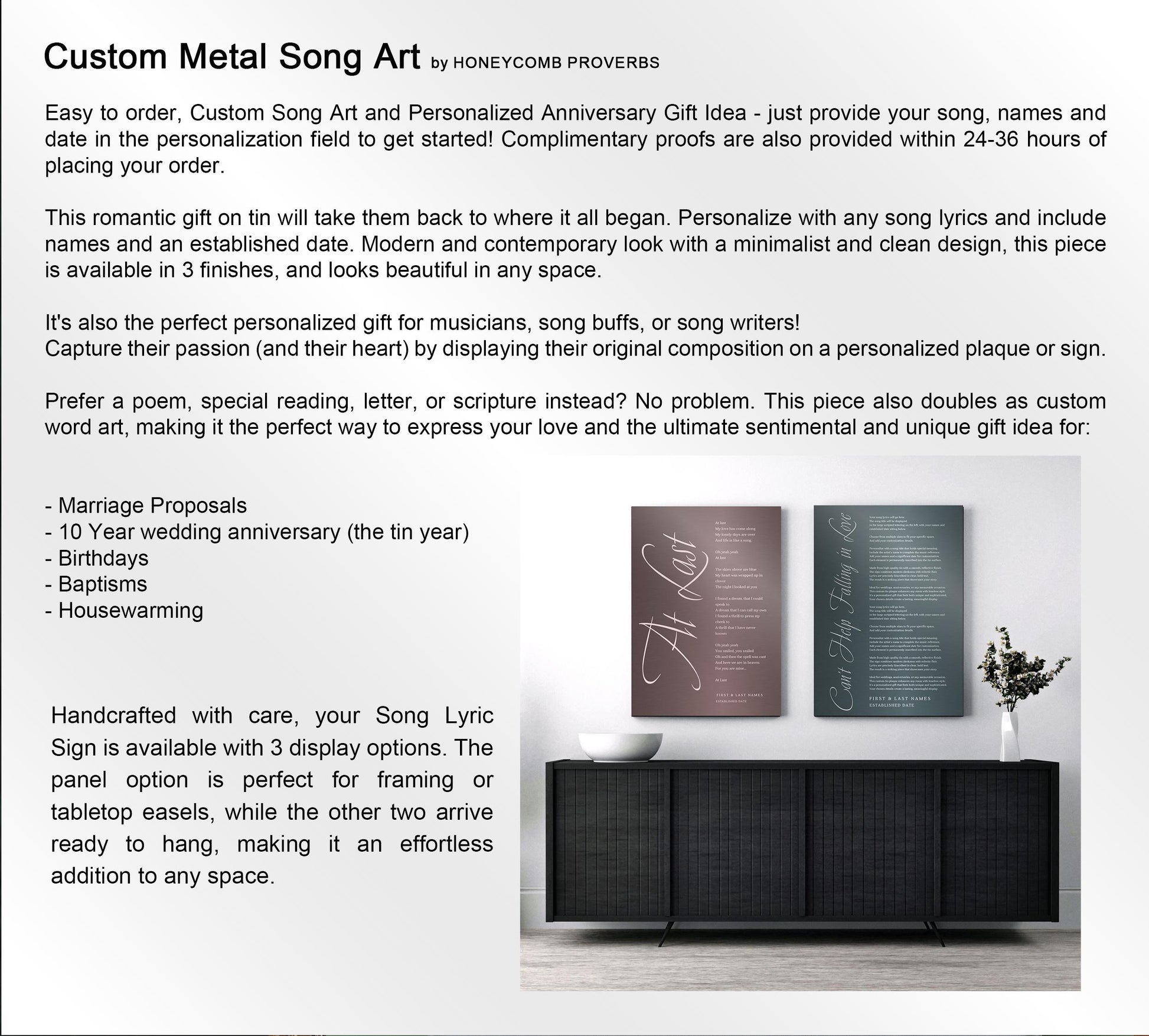 Custom Song Lyrics Tin Art, Personalized Anniversary Gift - HoneycombProverbs - Signs - Modern Lyrics Wall Decor