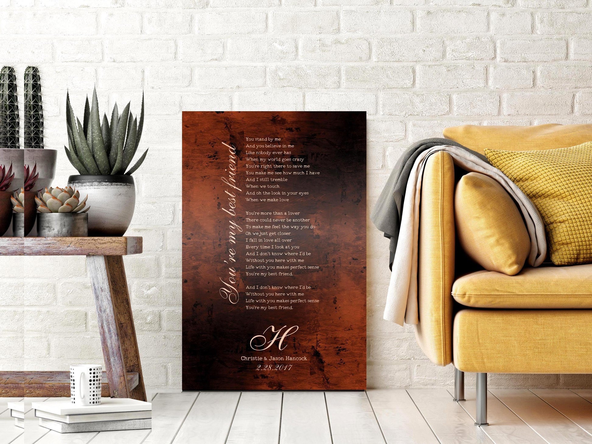 customizable song lyric sign on burnished bronze features first dance or wedding song lyrics of choice. Perfect anniversary gift for bronze anniversary years such as the 8 year wedding anniversary or the 19th anniversary.
Further customized and personalized with the couple's union date and adorned with a monogram, and couples names and date beneath the lyrics in a romantic script. Title or excerpt cascades down the left side of the justified song lyrics which are set in vintage typewriter fo