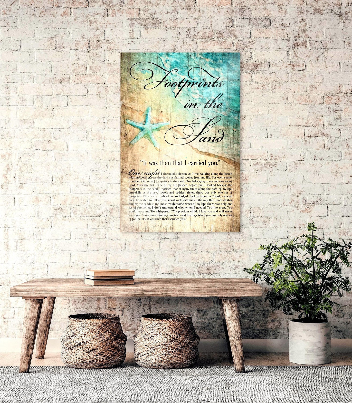 Footprints in the Sand, Watercolor Word art on Wood - HoneycombProverbs - Signs - Christian Wall Art