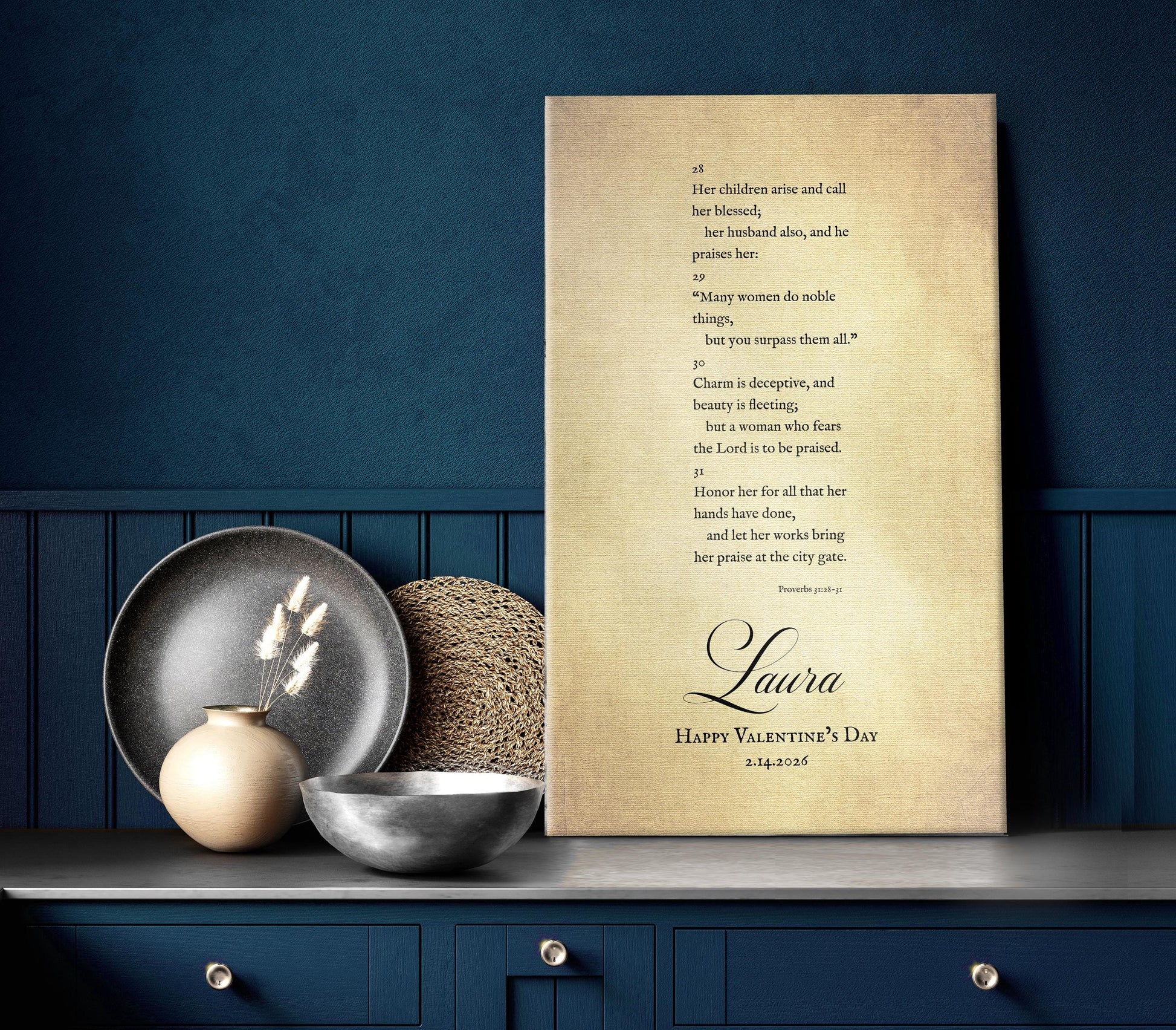 Vintage Bible Verse Canvas Art featuring Proverbs 31 and personalized with recipient's name.