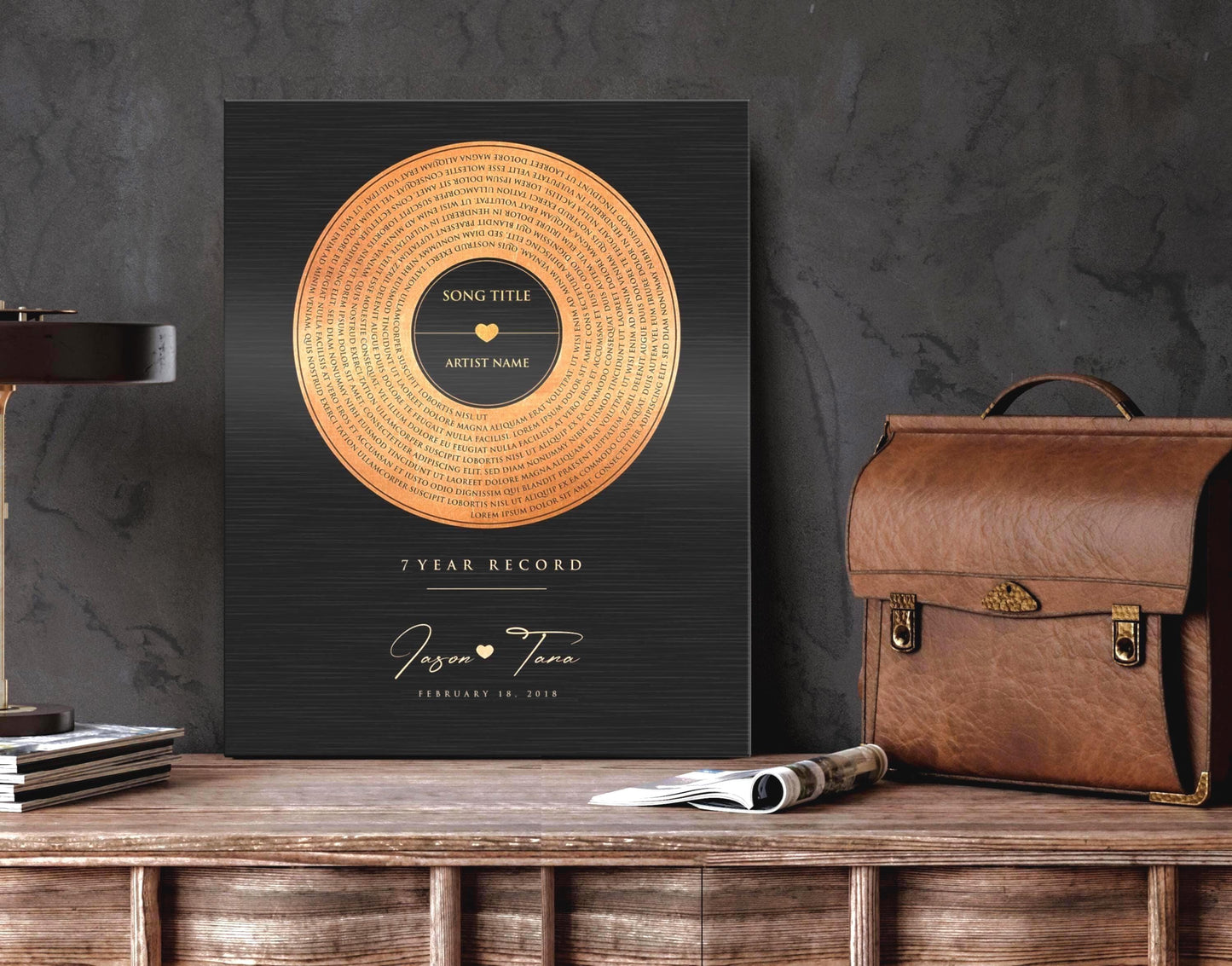 personalized anniversary wall decor, song record art, song plaque for couples featuring song lyrics arranged in a spiral design and overlayed over a copper "record" with their names and union date beneath and the caption "7 year record" as a 7th anniversary copper gift. It can be ready to hang or a panel for easy framing or easel display