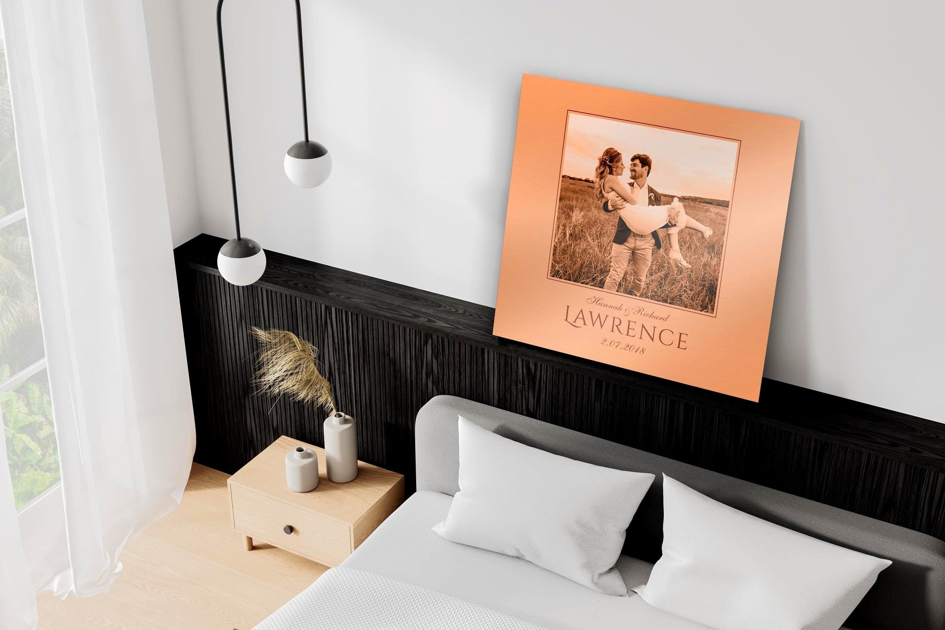 A Copper Anniversary Plaque - metal print with a photograph of a couple in a field. The text "Lawrence" and "2.12.2023" is printed below the photo.