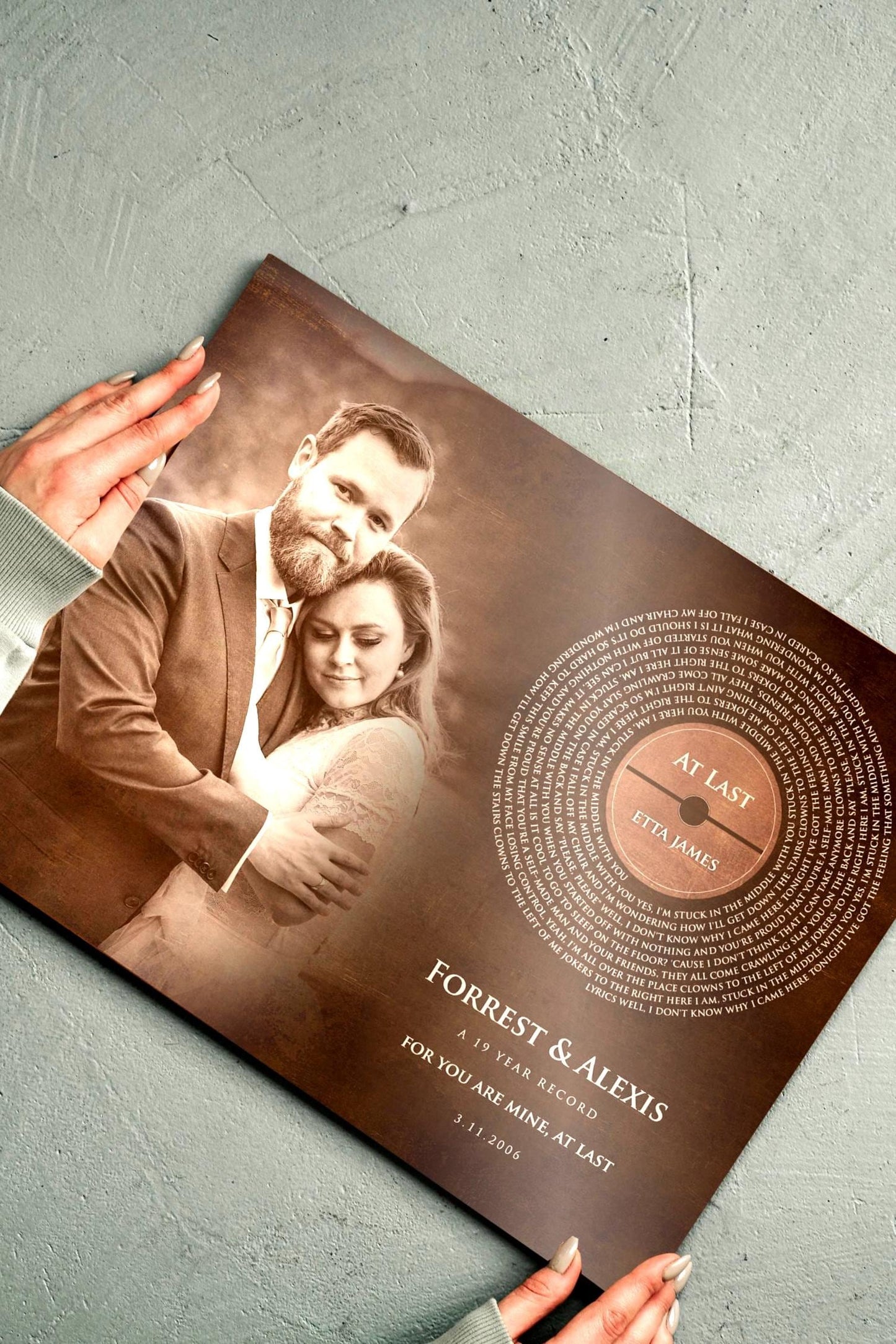 Custom Record Portrait on Bronze, Wedding Photo and Song Lyrics Wall Art, 8th Anniversary Gifts, Boyfriend Gift - HoneycombProverbs - Signs - Record Album Lyrics Art