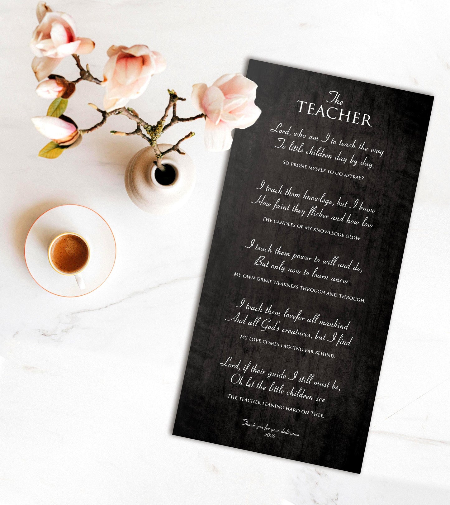 Rustic, Barn Gray Distressed Wooden Plaque with The Teacher Poem, personalized with a thank you note and date at the bottom.