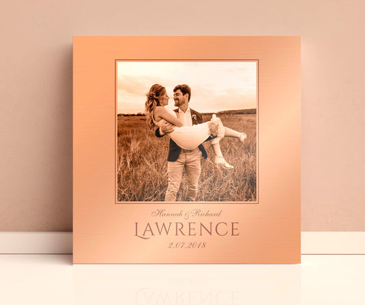 custom portrait plaque on copper in a square orientation, featuring personalization of names/family name and date or short message.