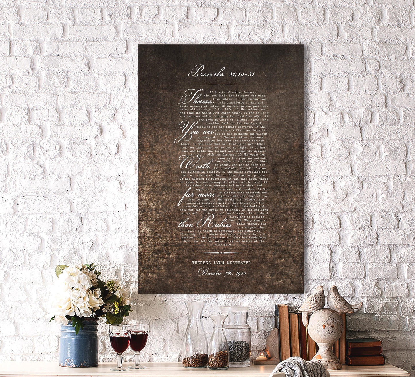 A rustic and romantic burnished metal plaque hangs on a brick wall above a desktop with 2 wine glasses and a bird statue. The Plaque reads, Theresa you are more precious than rubies, and is personalized with her name. A dedication note is beneath the bible verse.

Christian wall art Photo Courtesy of Honeycomb Proverbs