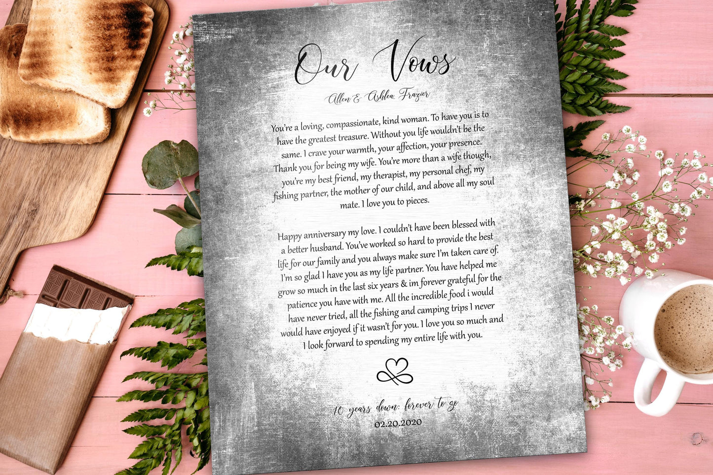 Tarnished Tin Wedding Vow Plaque with "Our Vows" as the title and custom vows split into 2 paragraphs, a heart-infinity motif beneath the wedding vows and personalization of the bride and groom's wedding date at the bottom and 10 years down forever to go included with the date.