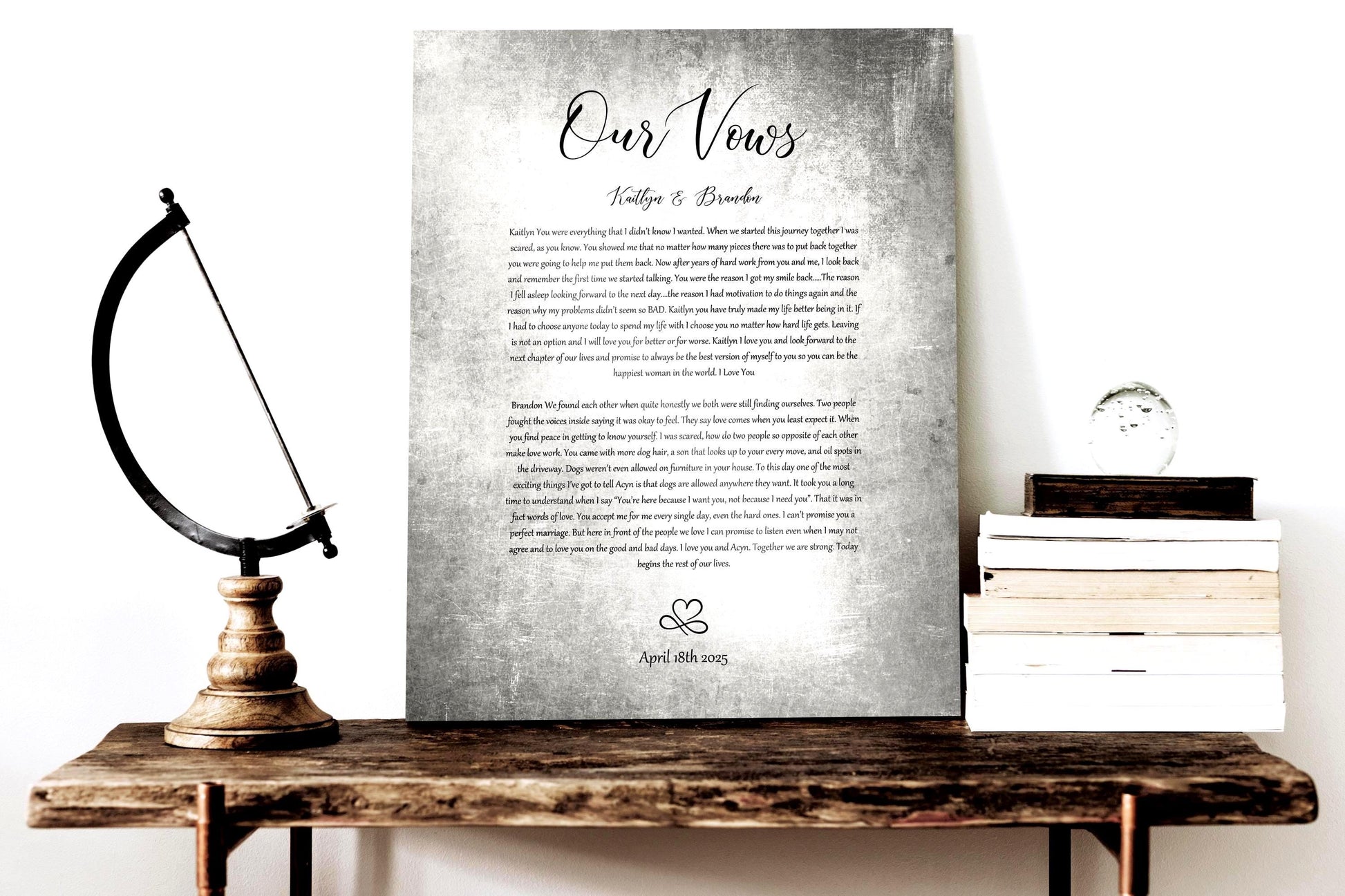 A wedding vow plaque on tarnished tin-alloyed aluminum, the traditional 10 year wedding anniversary metal, sits atop a shelf beside a stack of books.
The vows. names and union date sit on the center of the plaque with a heart/infinity symbol motif at the bottom. The inscription is done with a unique pairing of font styles for an eclectic style.

Photo courtesy of Honeycomb Proverbs