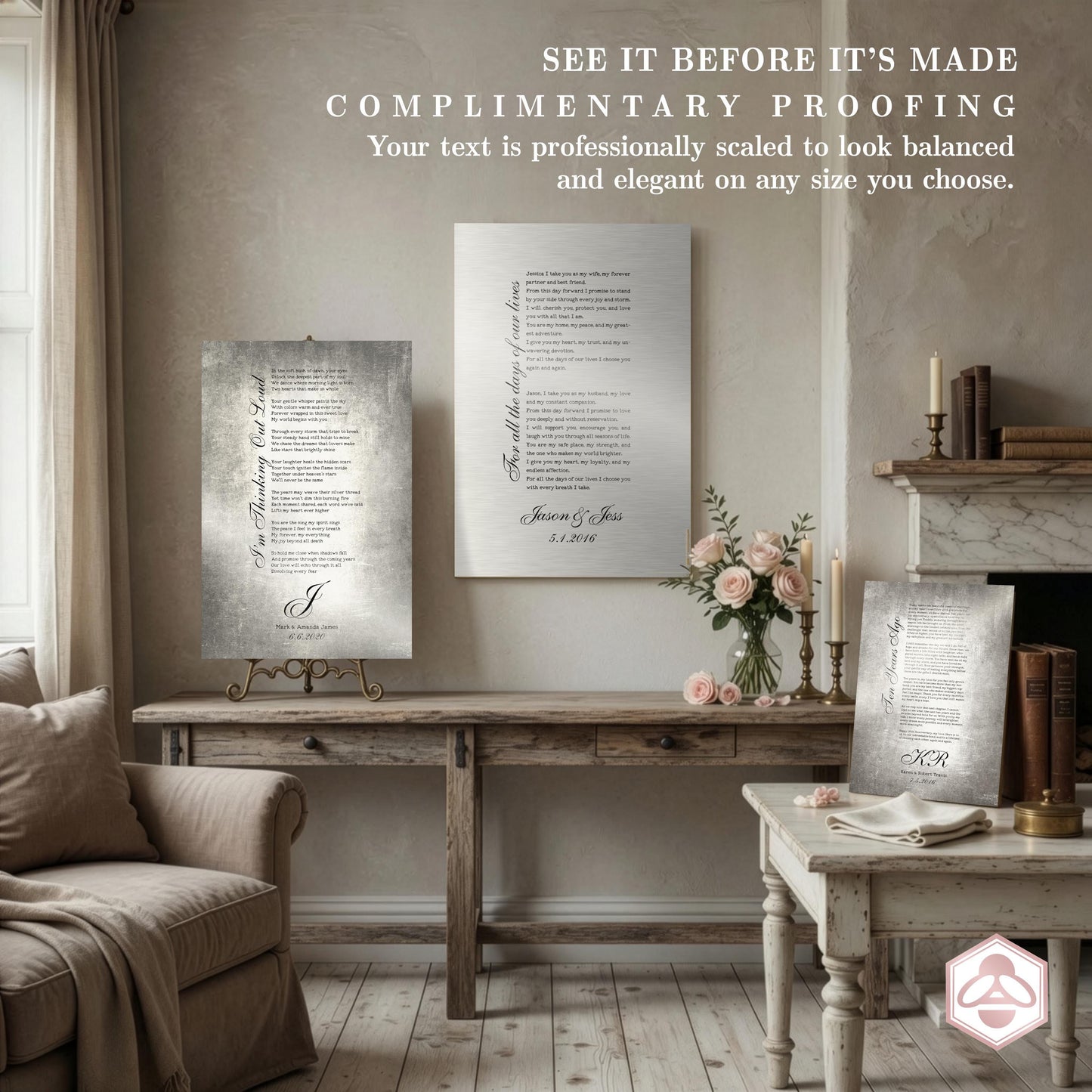 Three custom metal signs in a tin/aluminum blend are displayed in a lifestyle setting, hanging, on an easel and leaning. Each are unique and custom metal signs with personalized details and custom wording or lyrics.