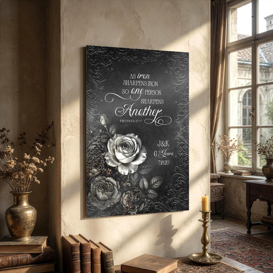 Rose embellished distressed iron wall plaque with the bible verse As iron sharpens iron, so one person sharpens another, proverbs 27:17. Plaque is personalized with initials J&K, 6 Year, and a date.