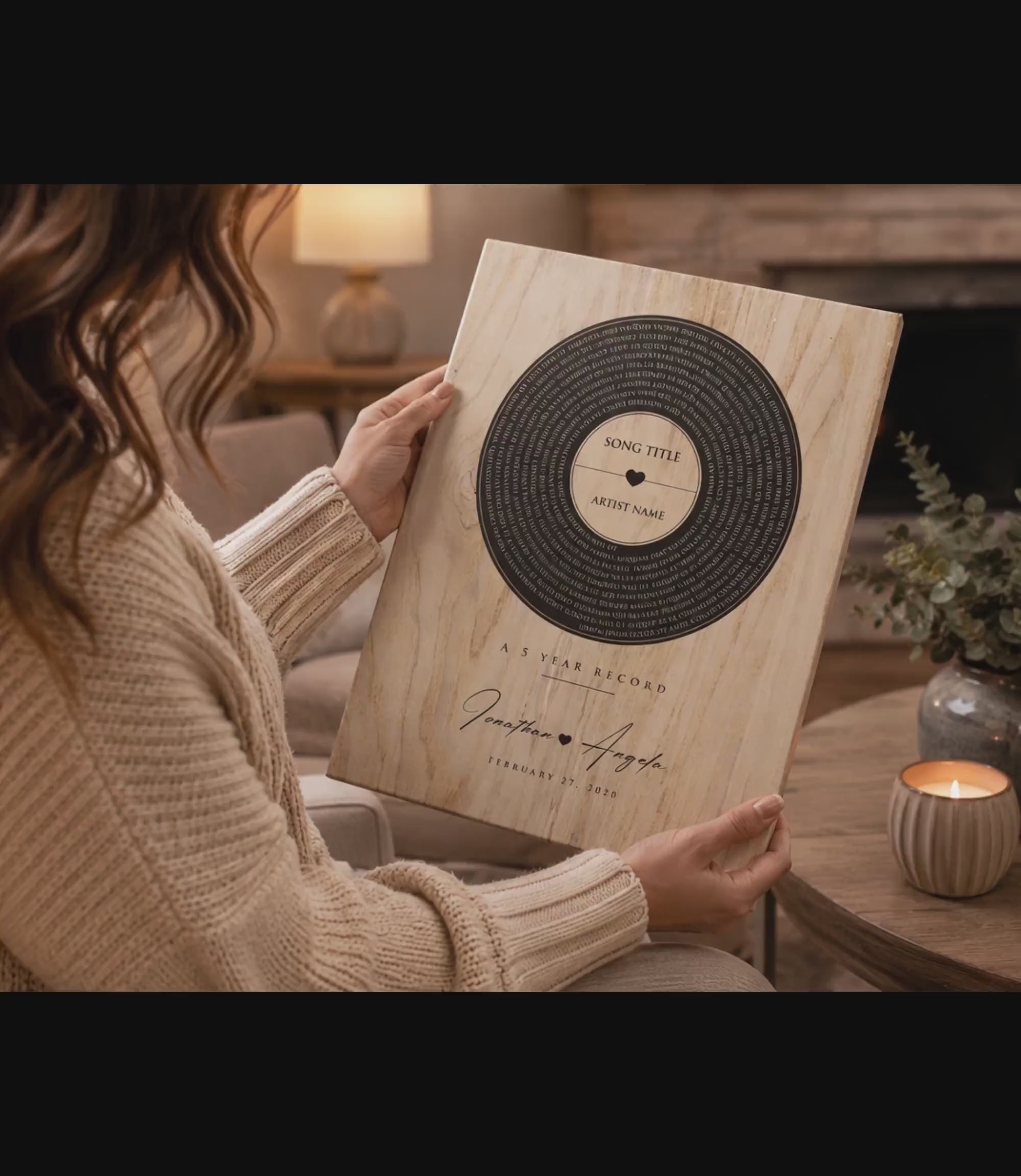 Personalized 5th Anniversary Wood Record: Song Lyrics, Names & Date