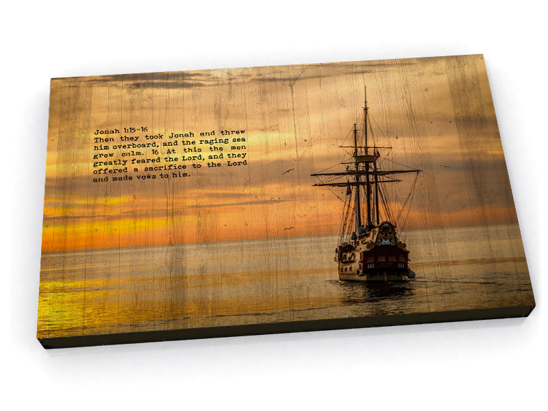 Wood Inspired Scripture Art: Jonah 1:15 on Canvas - Hunnycomb Proverbs - Wedding gift ideas - paper anniversary gifts 