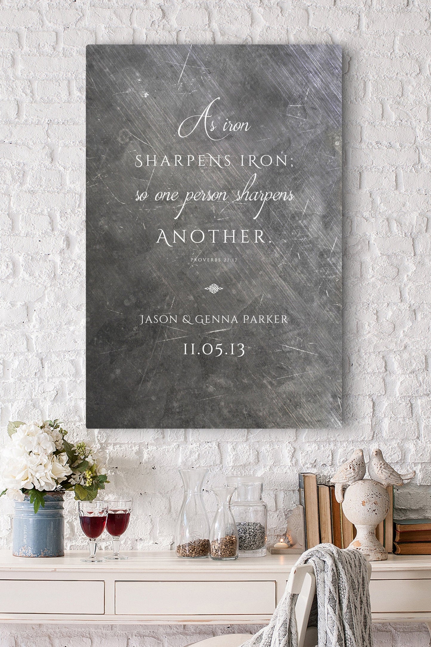 christian wedding gifts for couples, christian wedding gift with initials, personalized wedding gift, iron sharpens iron gift plaque, metal plaque with bible verse, christian anniversary gift for wife, anniversary gift plaque