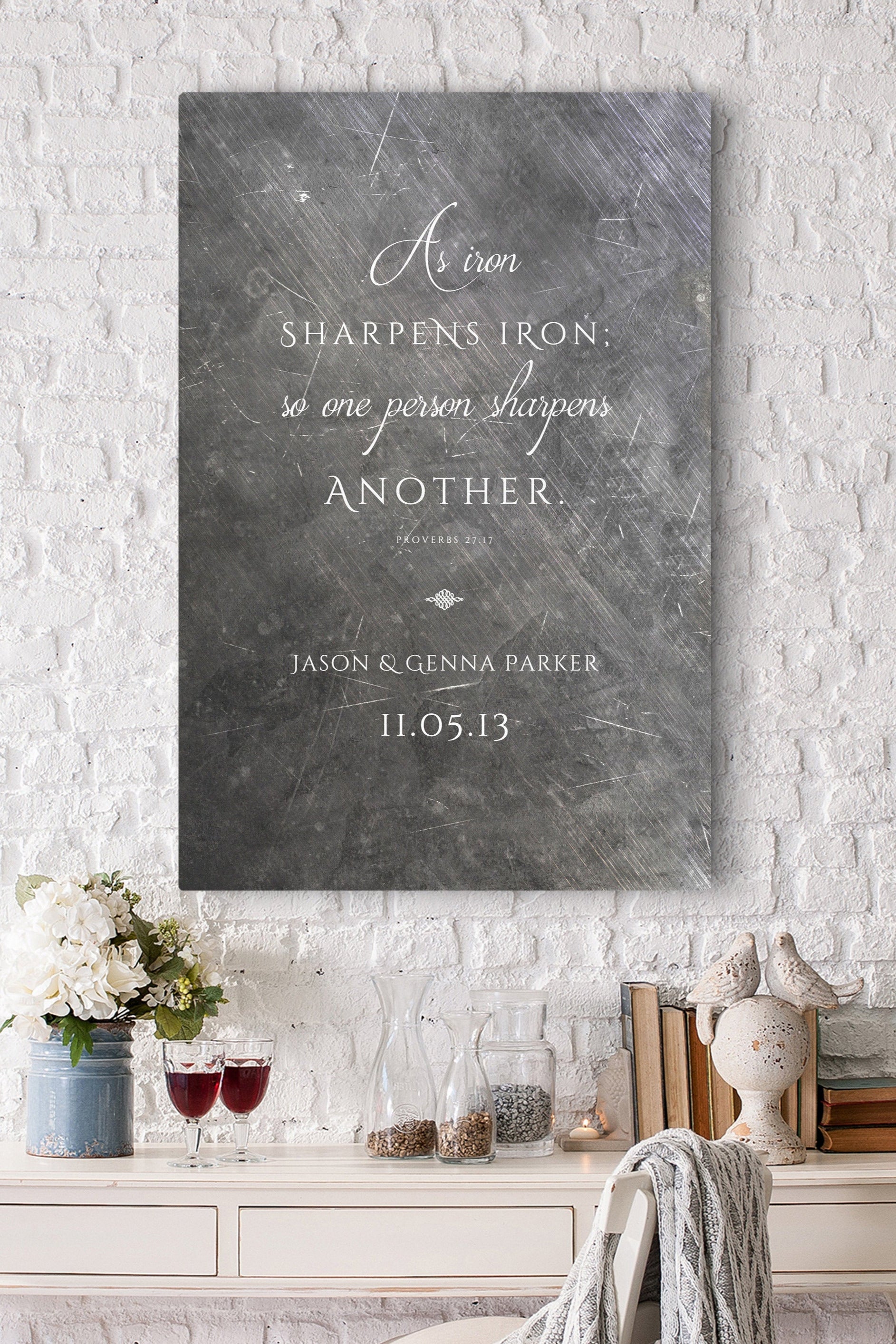 christian wedding gifts for couples, christian wedding gift with initials, personalized wedding gift, iron sharpens iron gift plaque, metal plaque with bible verse, christian anniversary gift for wife, anniversary gift plaque