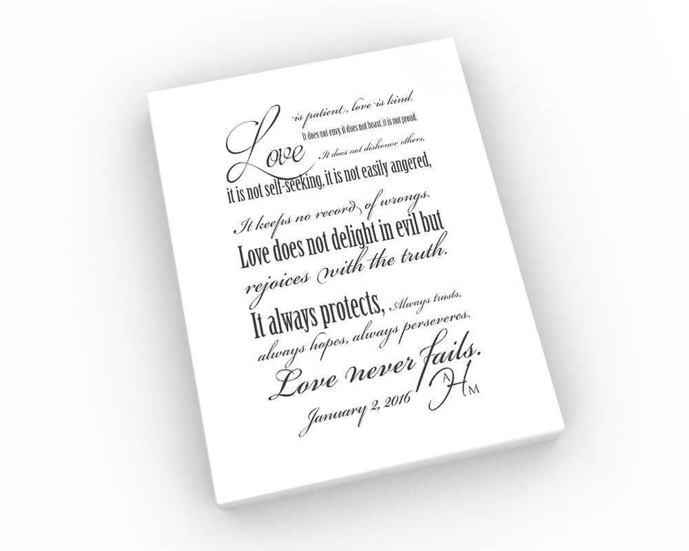 Personalized 1 Corinthians 13 Decor - Fine art and canvas personalized anniversary and inspirational gifts