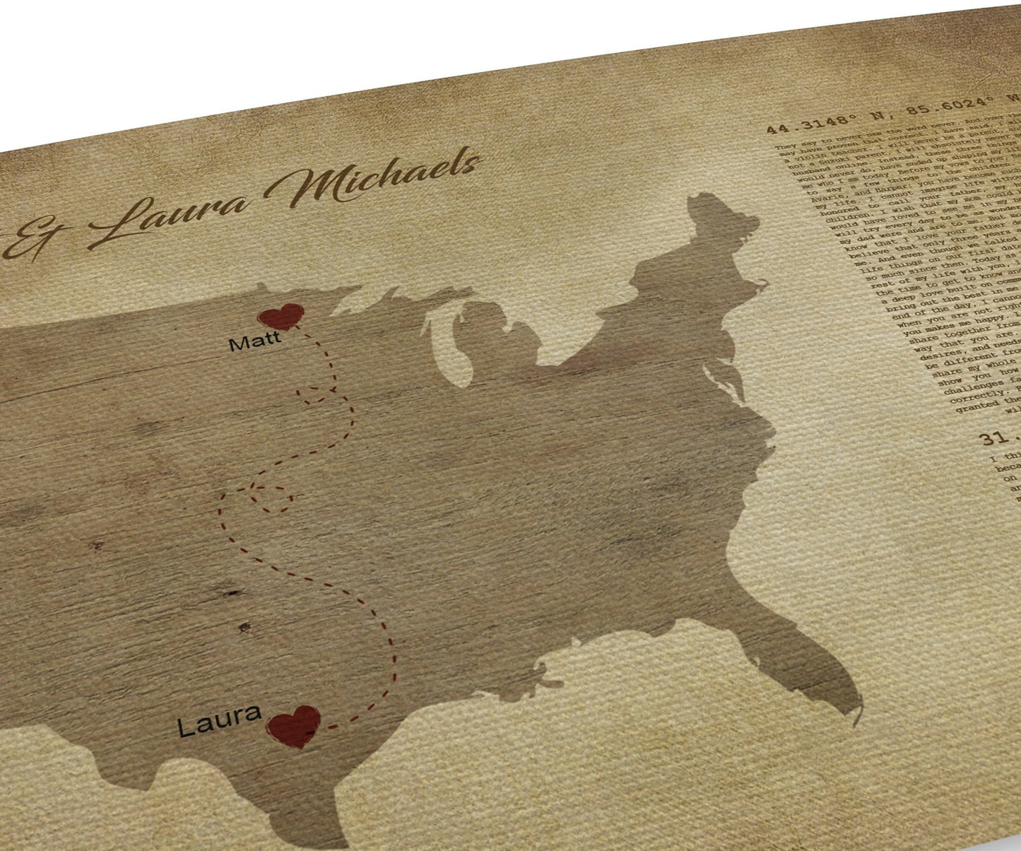 Long distance, map on canvas, Christmas, custom, coordinates, wedding vows,  print, husband, wife, anniversary gift, Military, Gifts, Spouse