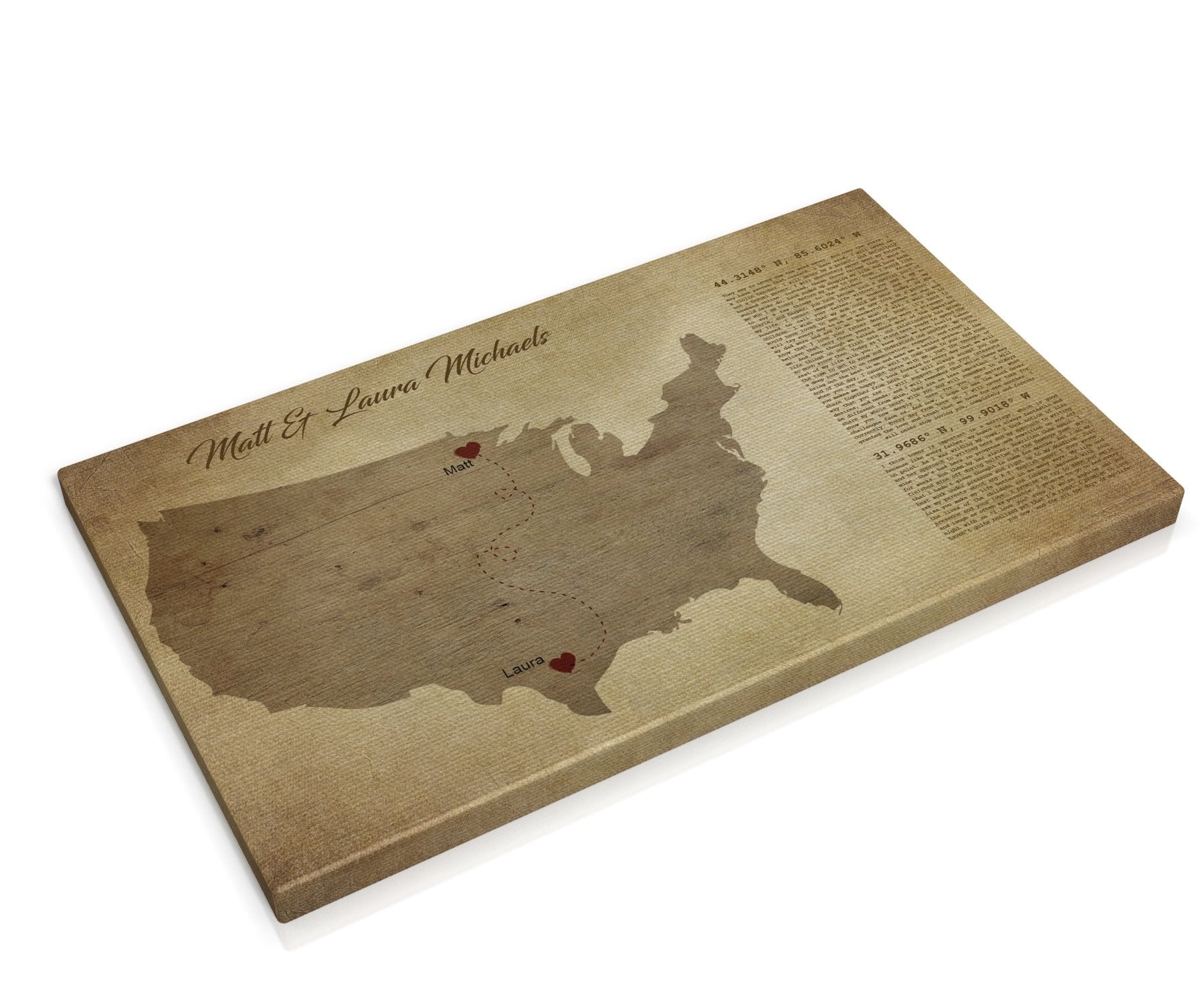 Long distance, map on canvas, Christmas, custom, coordinates, wedding vows,  print, husband, wife, anniversary gift, Military, Gifts, Spouse