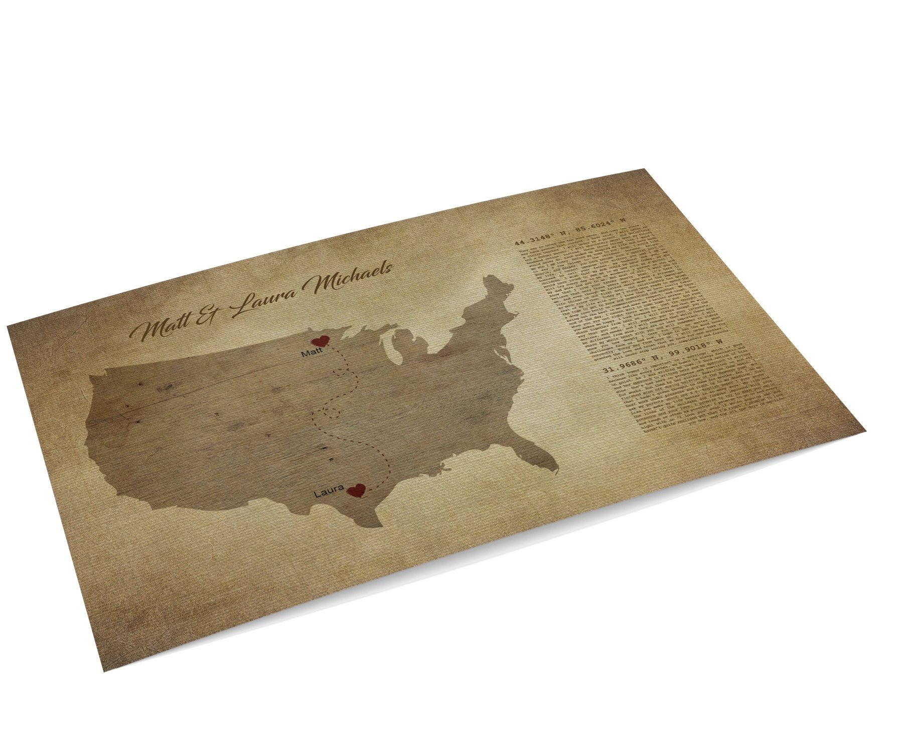 Long distance, map on canvas, Christmas, custom, coordinates, wedding vows,  print, husband, wife, anniversary gift, Military, Gifts, Spouse