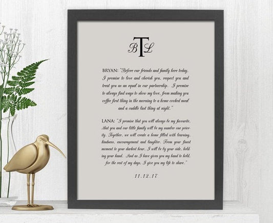 Monogrammed Wedding Vow Art, Framed Wedding Vows, Canvas with Wedding Vows, Anniversary Gift for 1st Year, Personalized His and Her Gift