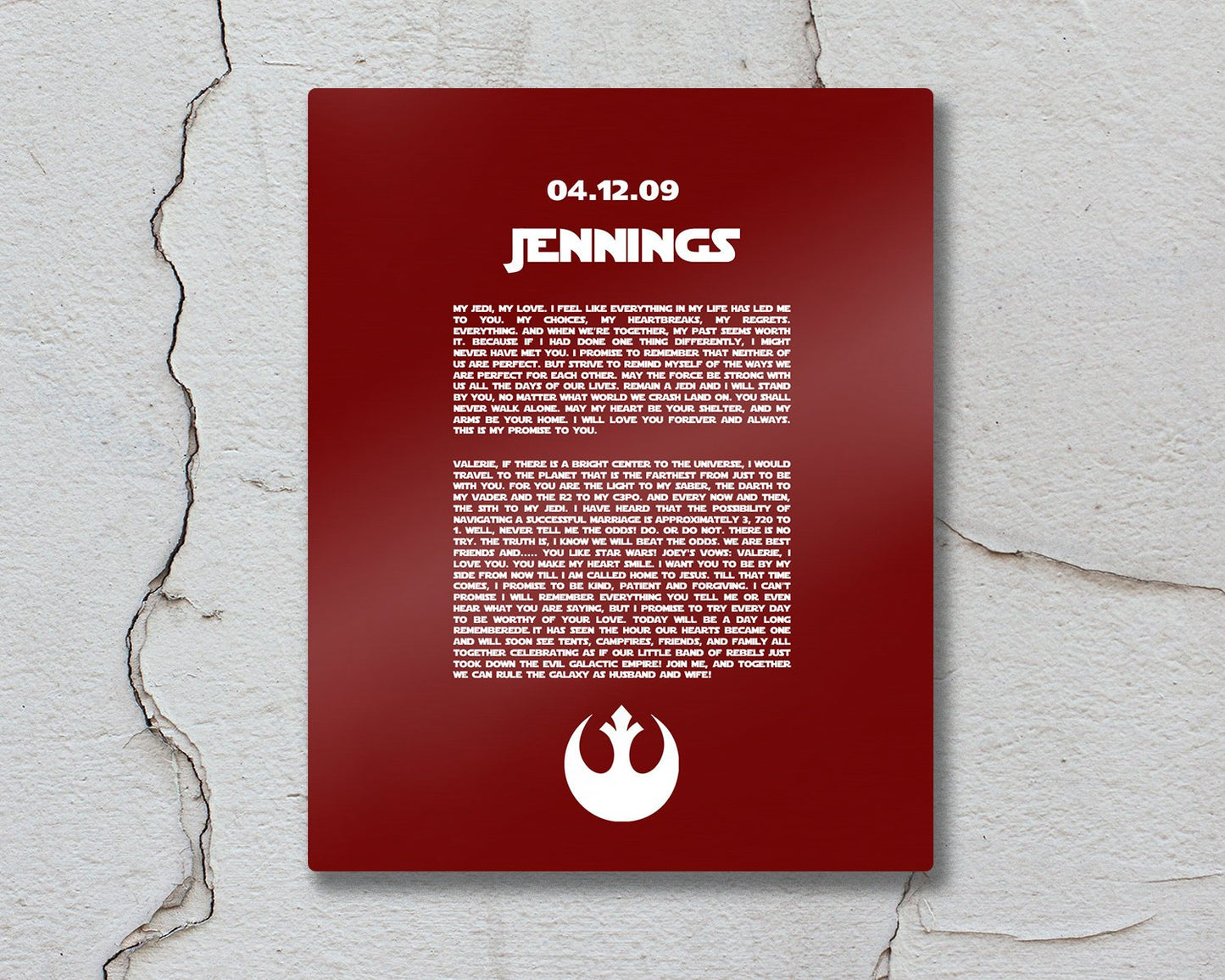 Custom Metal Print, Rebel Alliance, Gift for him, Metal Bedroom Wall Decor, Custom Metal Sign,  anniversary, Wedding Vows on Metal