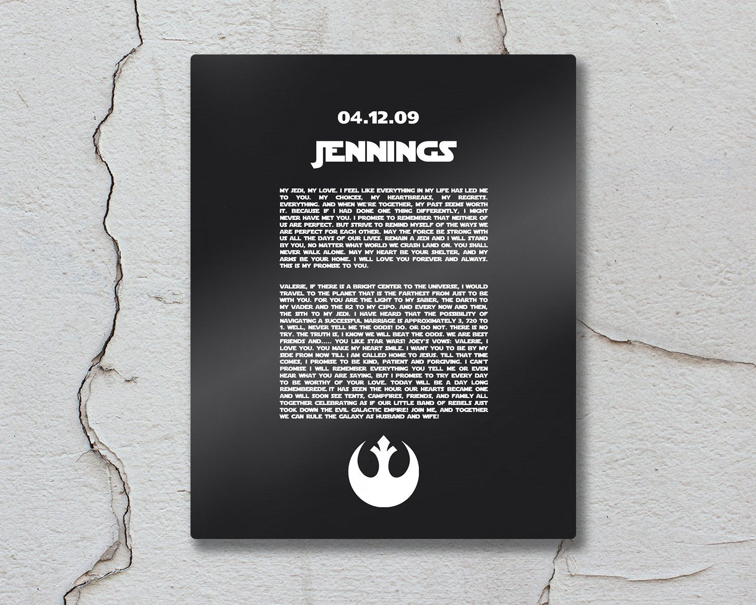 Custom Metal Print, Rebel Alliance, Gift for him, Metal Bedroom Wall Decor, Custom Metal Sign,  anniversary, Wedding Vows on Metal