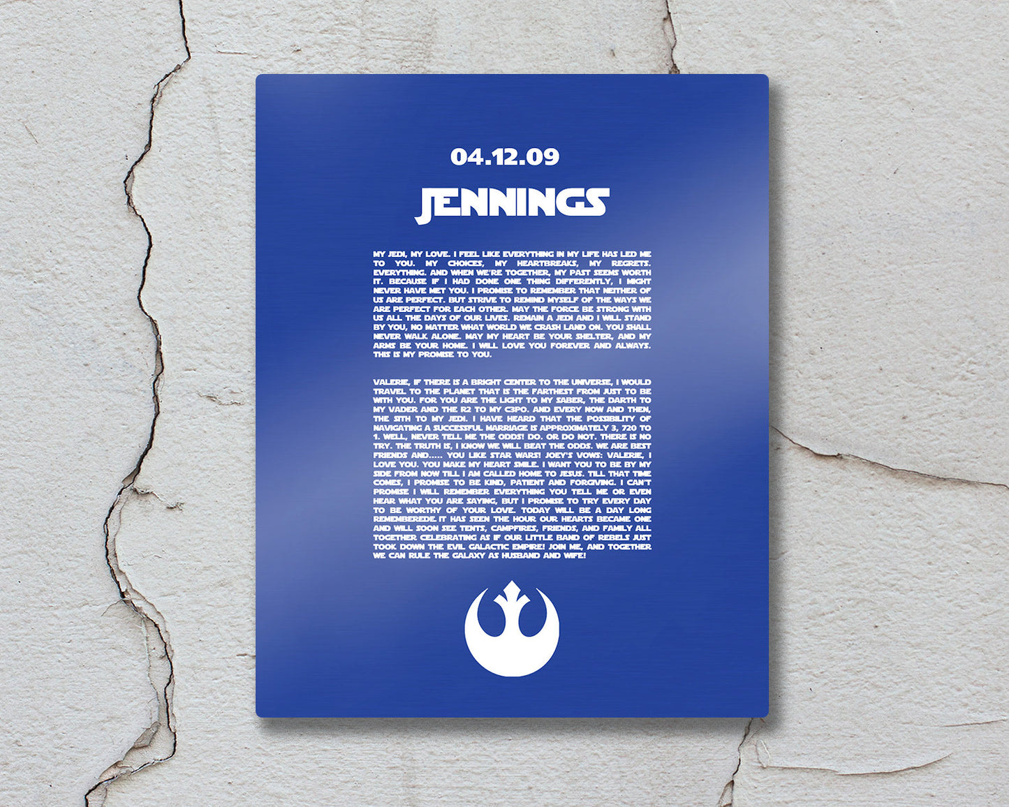 Custom Metal Print, Rebel Alliance, Gift for him, Metal Bedroom Wall Decor, Custom Metal Sign,  anniversary, Wedding Vows on Metal