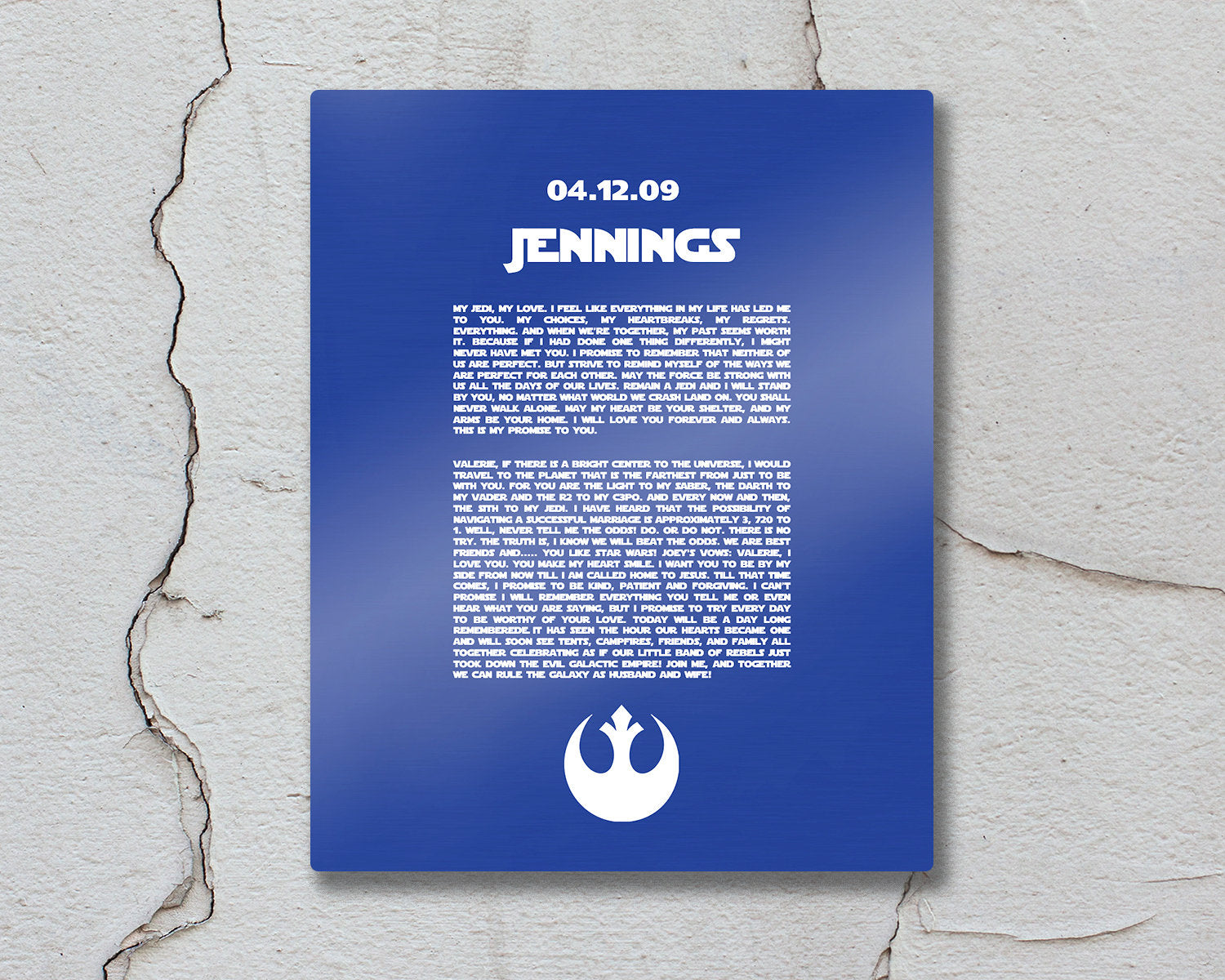 Custom Metal Print, Rebel Alliance, Gift for him, Metal Bedroom Wall Decor, Custom Metal Sign,  anniversary, Wedding Vows on Metal