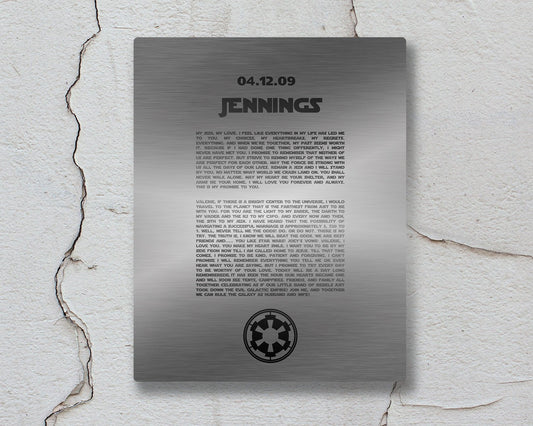 Personalized Metal Print, Imperial Faction, Tin Anniversary Idea, Printed Vows, Metal Sign for man cave, Custom Metal , His & Hers