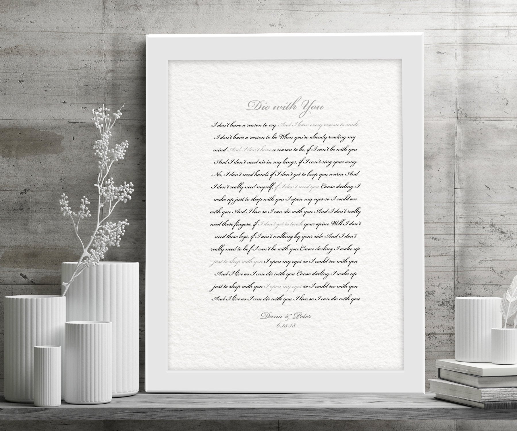 Framed Wedding Song, Die With You, Bride and Groom First Dance, Gift for Bride from Groom, Romantic Bedroom Decor, Paper gift for husband