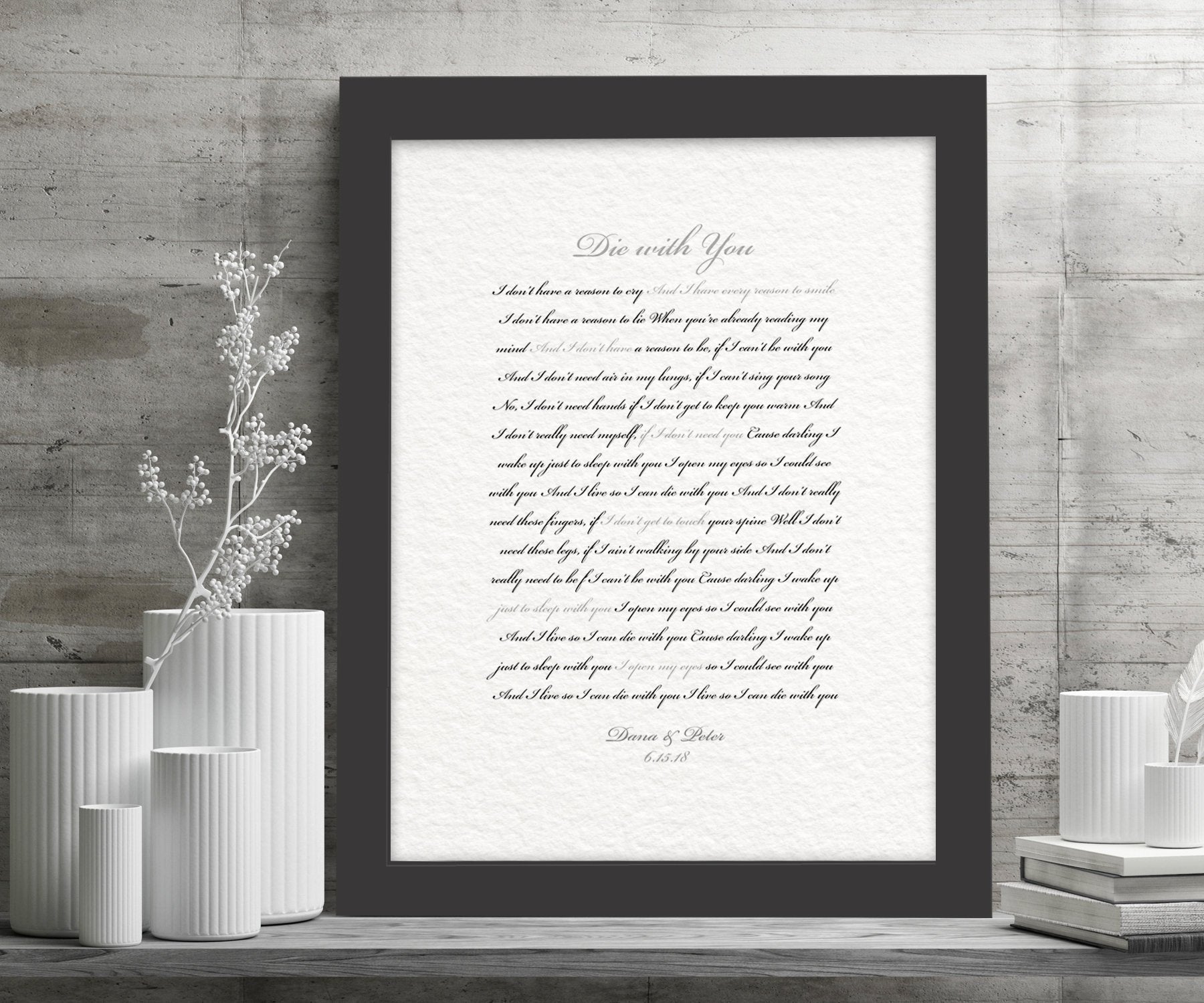 Framed Wedding Song, Die With You, Bride and Groom First Dance, Gift for Bride from Groom, Romantic Bedroom Decor, Paper gift for husband