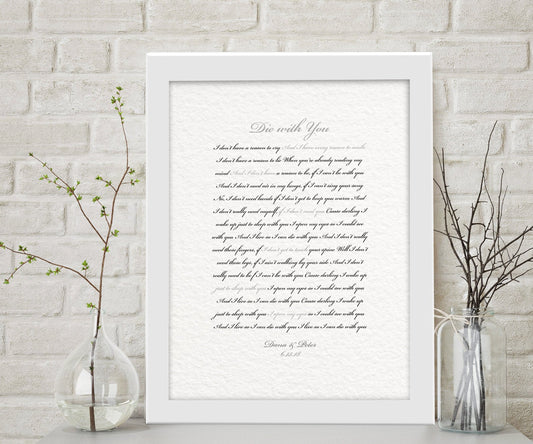 Framed Wedding Song, Die With You, Bride and Groom First Dance, Gift for Bride from Groom, Romantic Bedroom Decor, Paper gift for husband