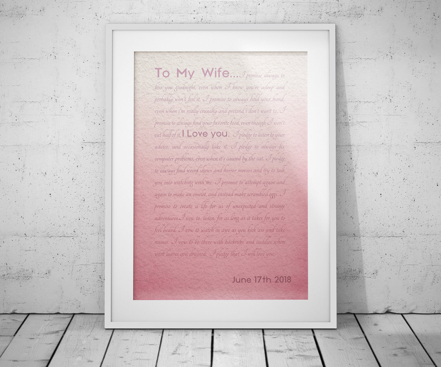 Framed Wedding Vows, Custom Paper Anniversary Gift, Ombre Walll Decor, Anniversary Gift for Wife, Modern Romantic Gifts, For Her, Print Vows