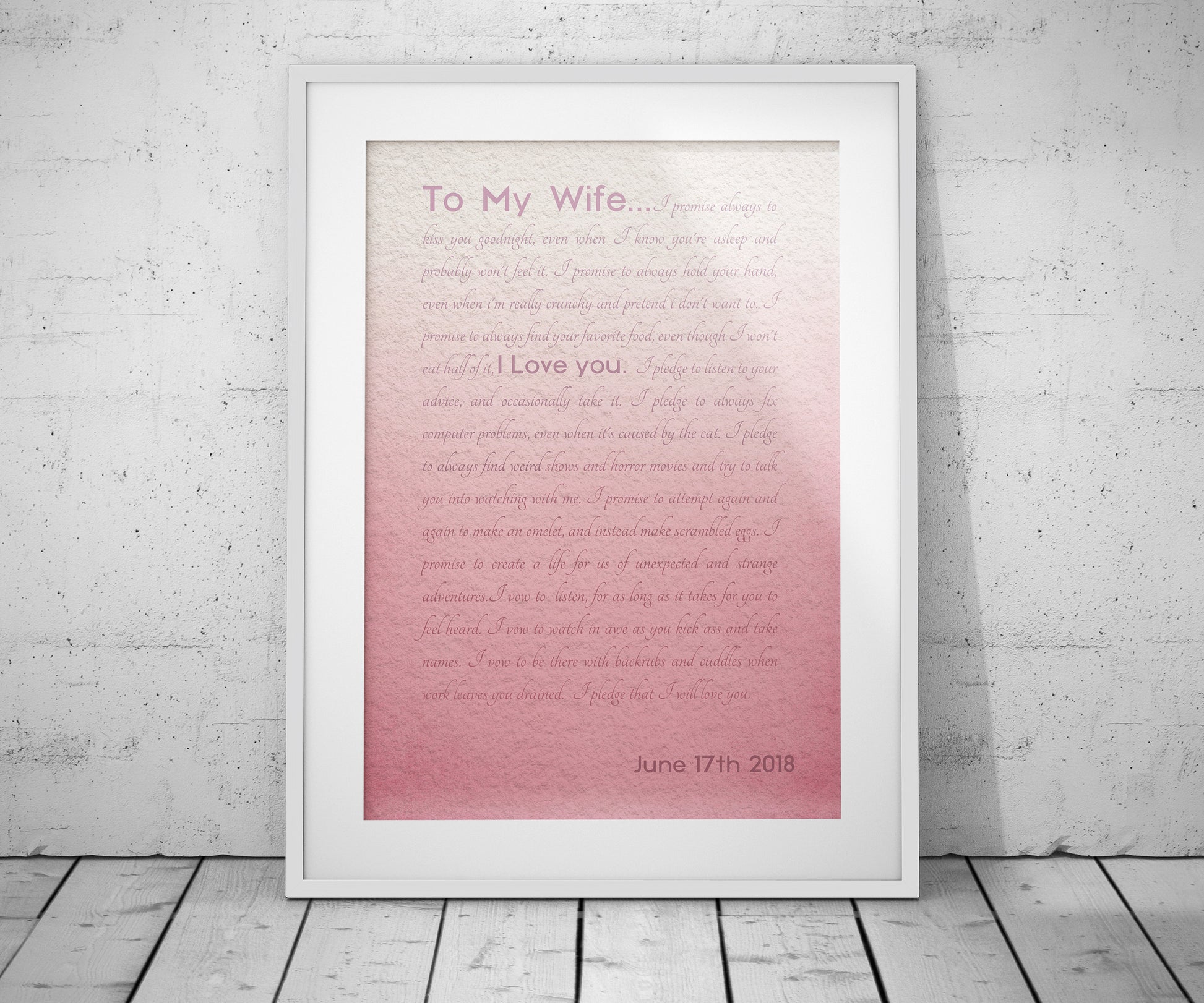 Framed Wedding Vows, Custom Paper Anniversary Gift, Ombre Walll Decor, Anniversary Gift for Wife, Modern Romantic Gifts, For Her, Print Vows