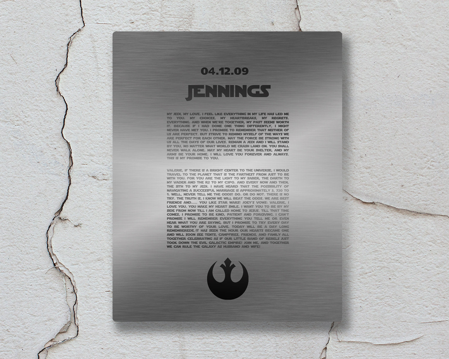 Custom Metal Print, Rebel Alliance, Gift for him, Metal Bedroom Wall Decor, Custom Metal Sign,  anniversary, Wedding Vows on Metal