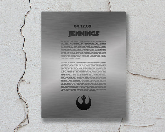 Custom Metal Print, Rebel Alliance, Gift for him, Metal Bedroom Wall Decor, Custom Metal Sign,  anniversary, Wedding Vows on Metal