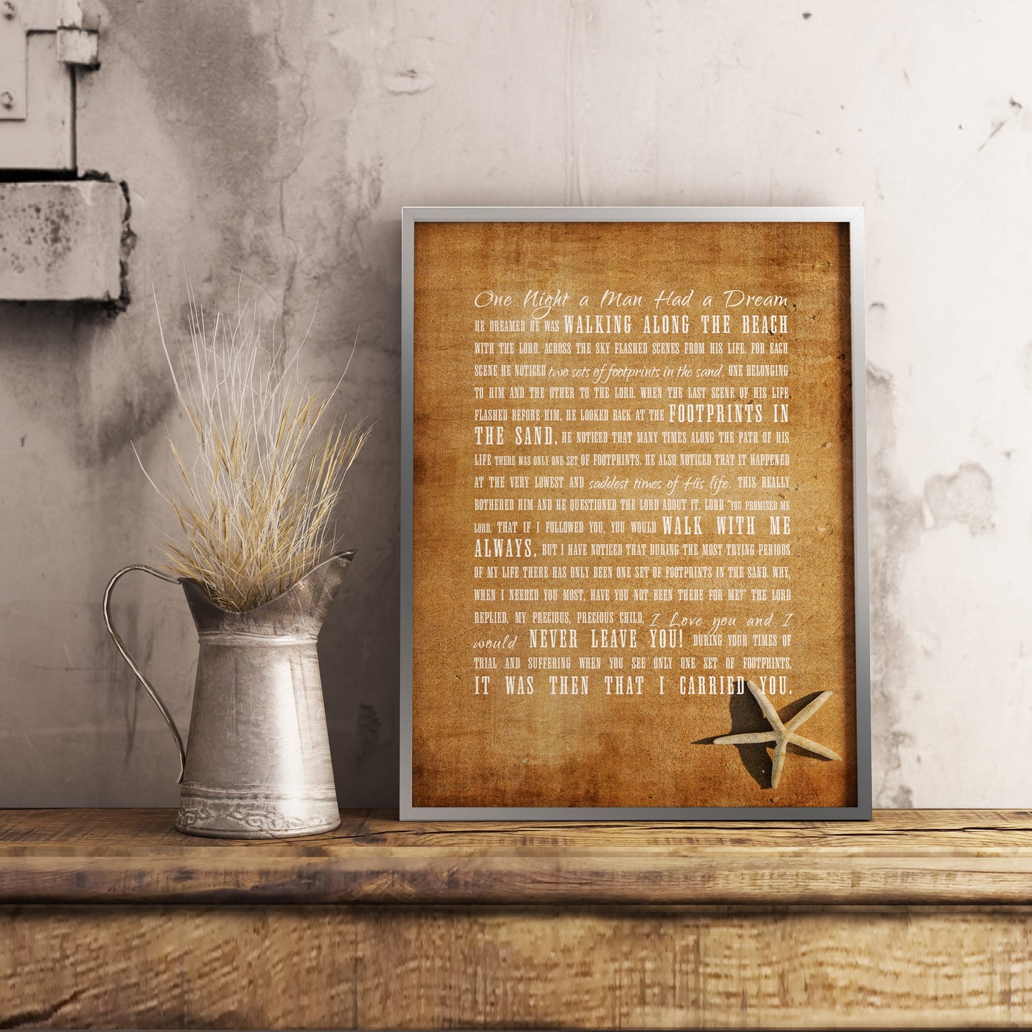 Footprints in the Sand Framed, Industrial farmhouse Decor, Weathered Christian Metal Decor, Industrial Beach Decor, Country Beach, Art print