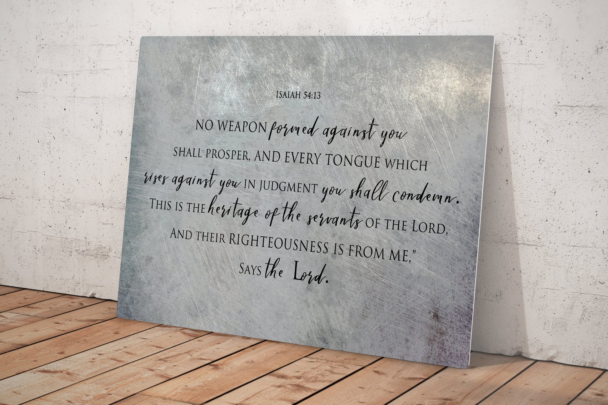 Isaiah 54:17, On Metal, No weapon forged against you shall prosper, Tin Gift, Christian, Scripture Print, Religious Wall Decor, Masculine